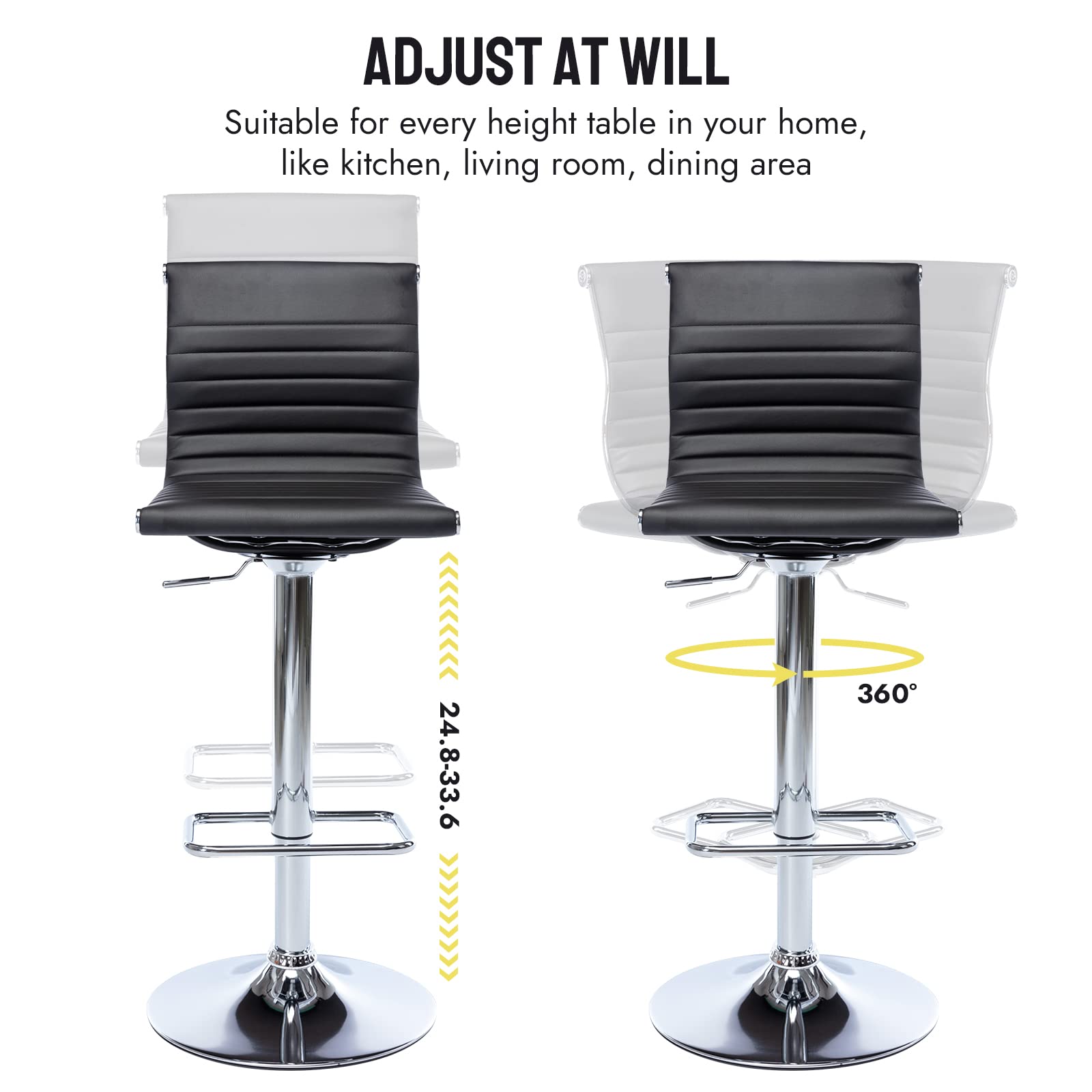 4-Pack Adjustable Height Metal Bar Stools - Modern Black PU Leather Armless Counter Stools with Chrome Base for Kitchen Island, Home Bar & Dining Room - Perfect for Entertaining & Small Spaces