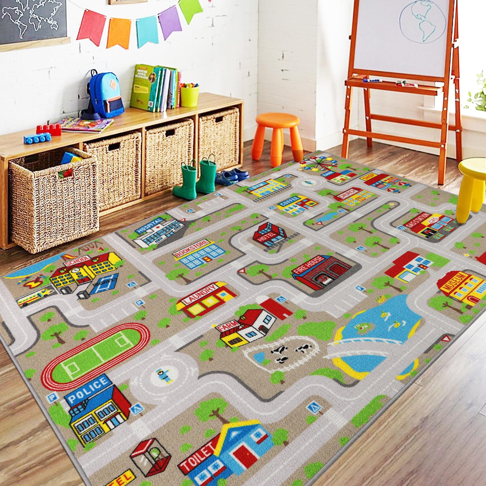 Washable Non-Slip 6.6' x 5' Kids Car Play Mat - Interactive City Road Rug for Toddlers | Durable Educational Playroom & Classroom Decor | Perfect for Bedroom, Playroom & Preschool Learning Activities