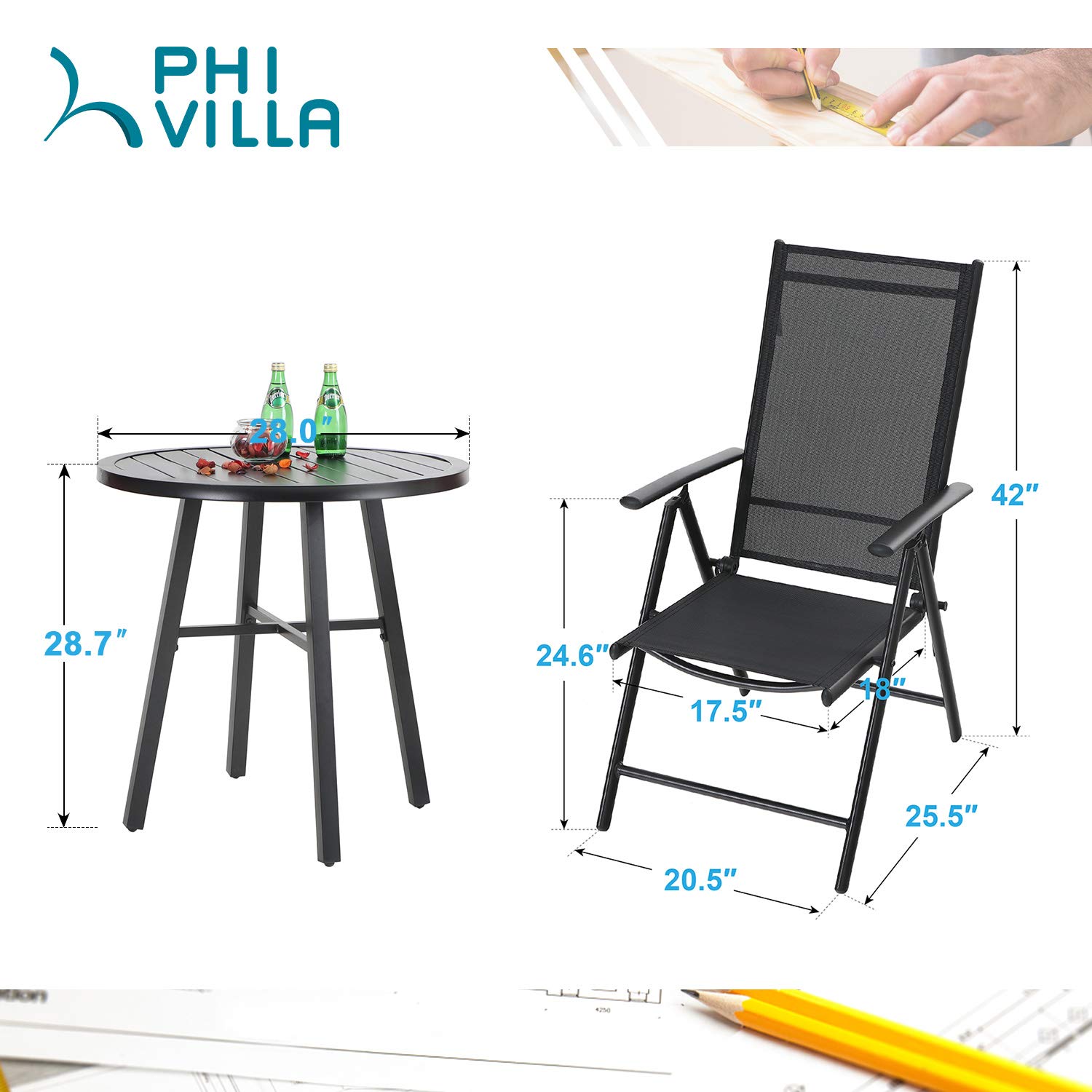 PHI VILLA 3-Piece Patio Bistro Set - 2 Reclining Folding Sling Chairs & 1 Round Metal Side Table - Outdoor Garden Furniture for Balcony, Deck, Porch or Backyard Relaxation
