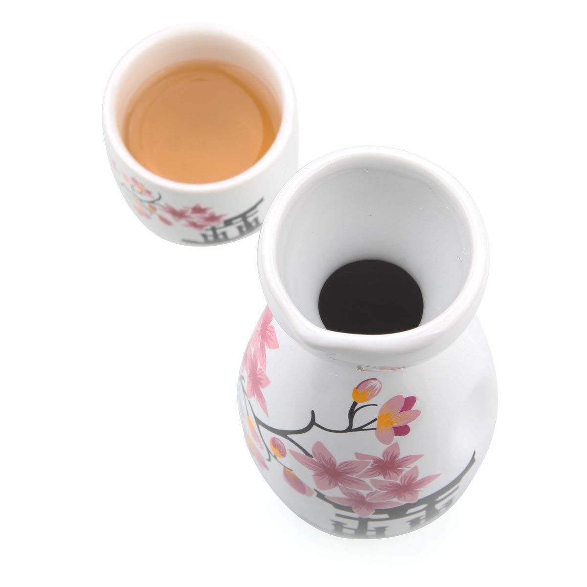Premium Japanese Sake Set - Traditional Ceramic Tokkuri Bottle & 4 Ochoko Cups with Spring Blossom Design | Microwave & Dishwasher Safe | Perfect for Home Entertaining, Japanese Cuisine Pairing & Gift Giving