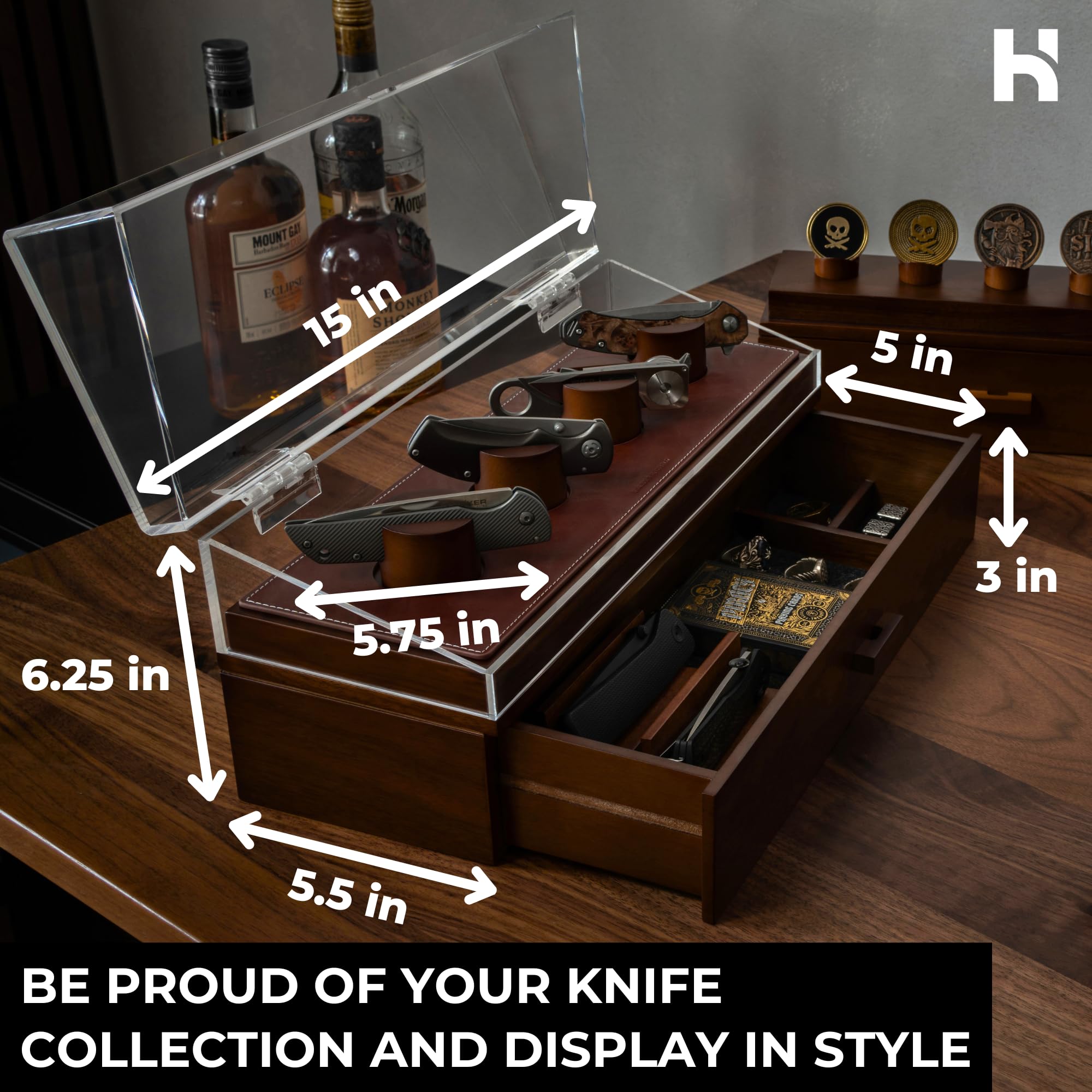 Holme & Hadfield Luxury Wooden Knife Display Case - Holds 6-10 Pocket Knives - Premium Knife Organizer with Drawer for Collectors - Perfect for Home, Office, or Gift Giving