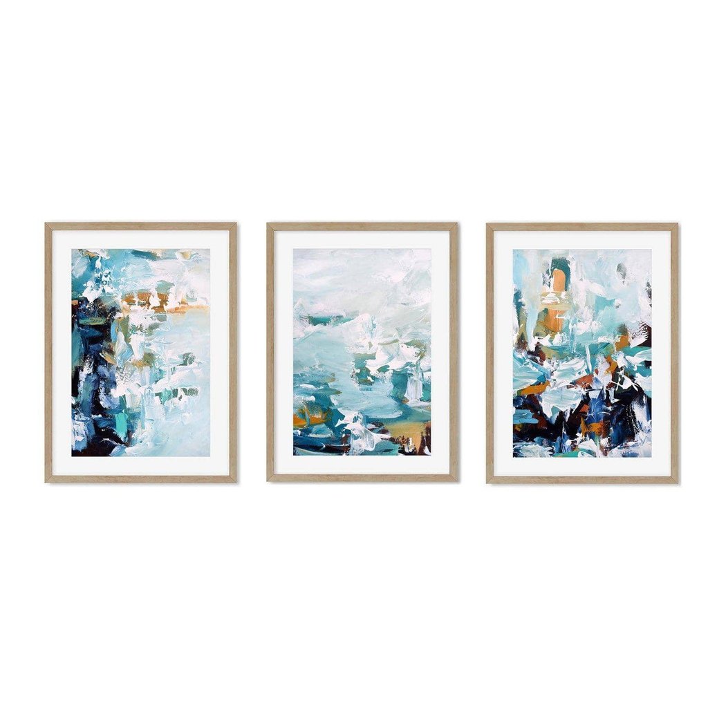 Abstract Teal Blue Waves Art Print Set of 3 - Modern Ocean Themed Wall Decor for Living Room, Bedroom & Office