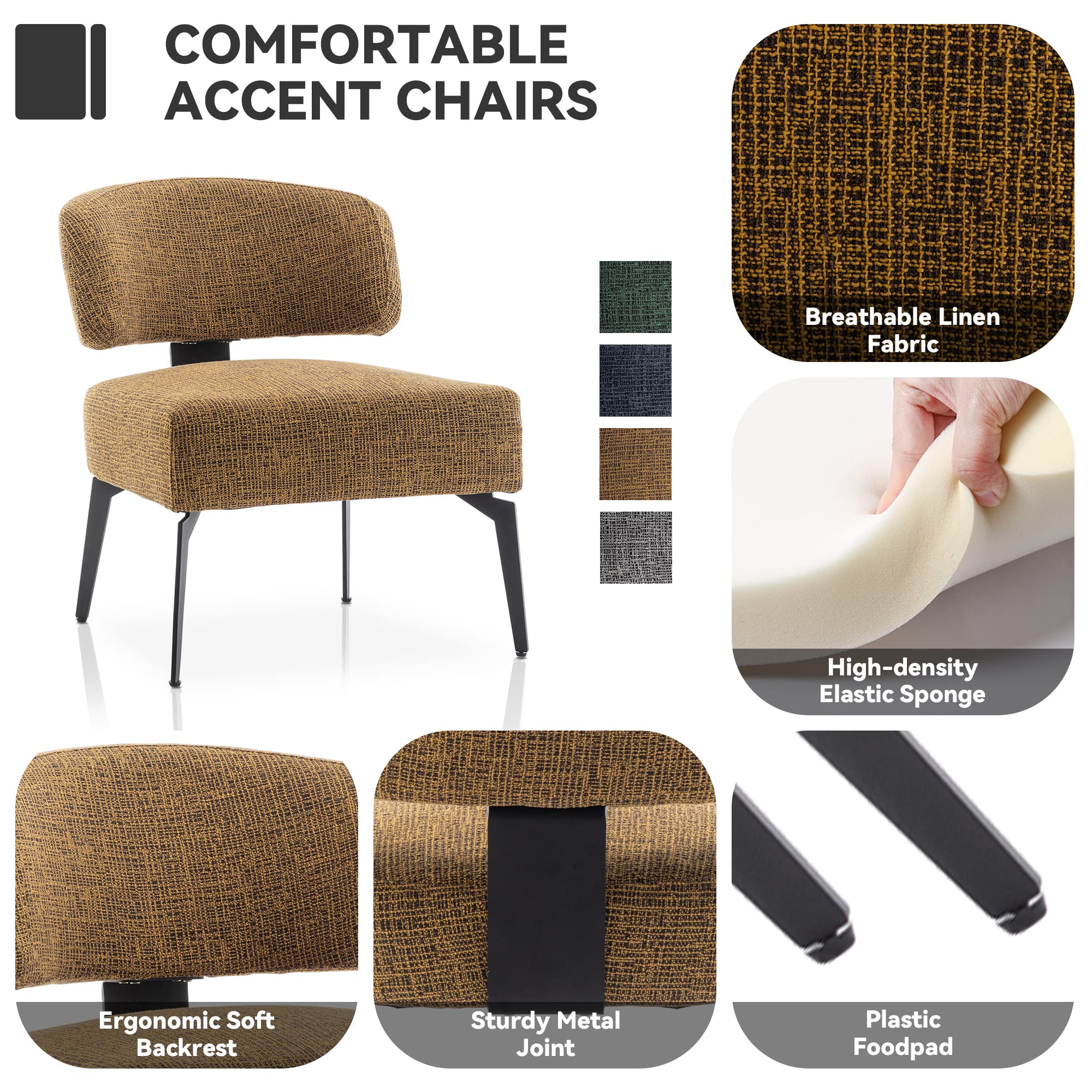 Mid Century Modern Accent Chair - Linen Upholstered Comfortable Reading Chair for Small Spaces, Living Room, Bedroom & Office Waiting Room - Yellow Sofa Chair | Perfect for Relaxing, Reading & Home Decor