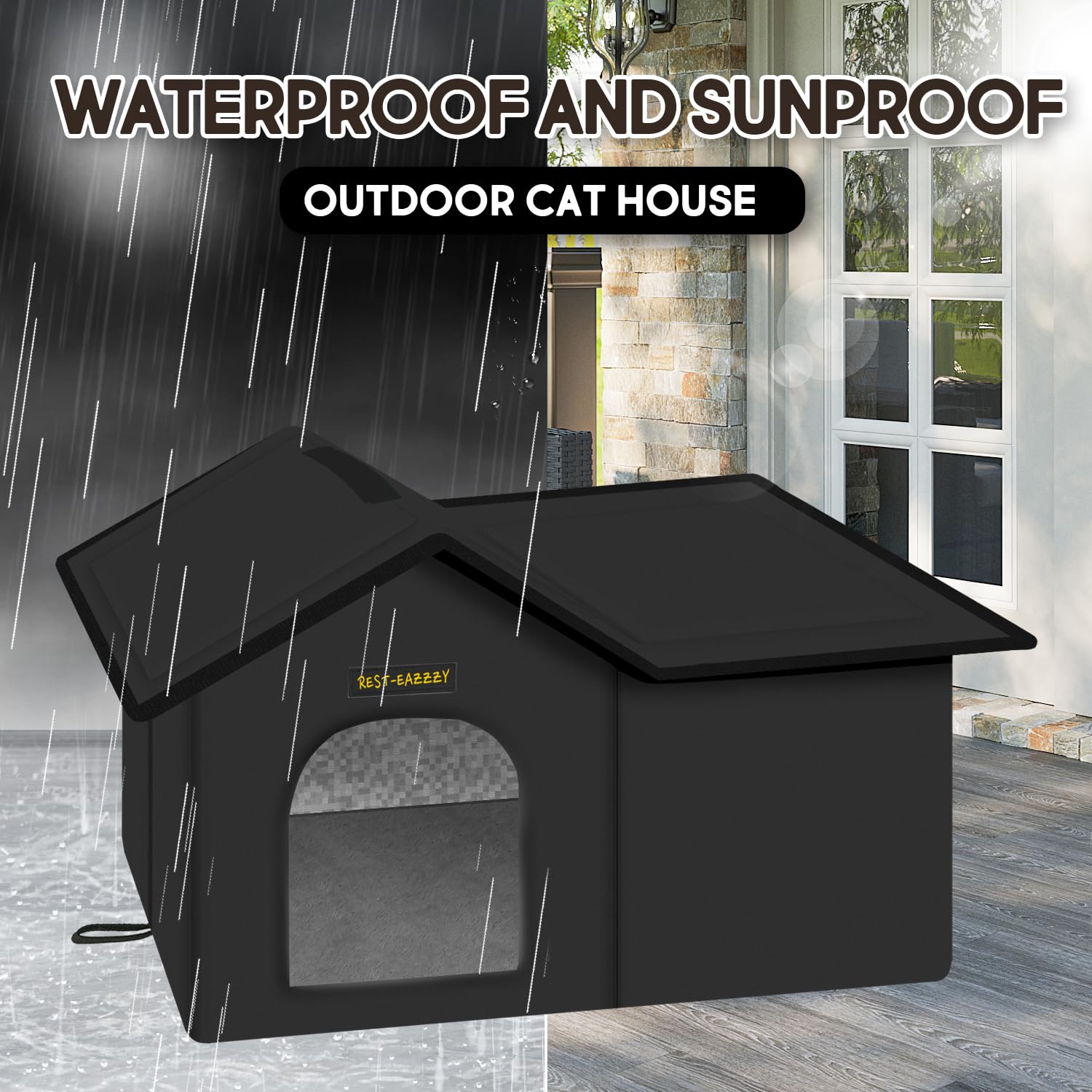 Weatherproof Insulated Outdoor Cat House with Self-Warming Mat - Durable Feral Cat Shelter for Winter, Waterproof & Easy Assembly (Black, Large) - Perfect for Backyards, Porches & Cold Weather Protection