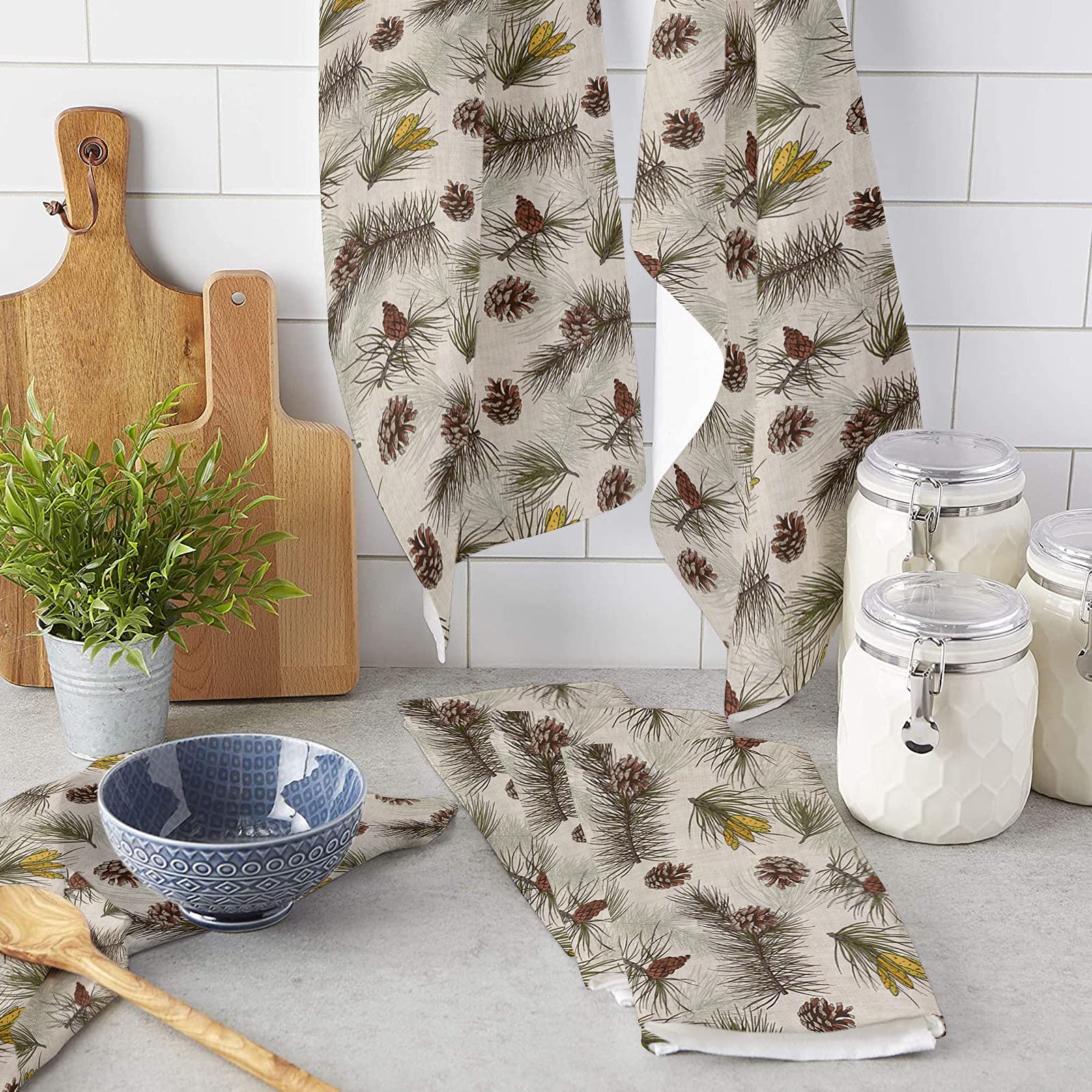Christmas Pine Cone & Tree Branch Cotton Dish Towels Set - 18x28 Inch Soft Absorbent Kitchen Tea Towels (4-Pack) - Perfect for Holiday Decor, Hand Drying & Festive Backdrop