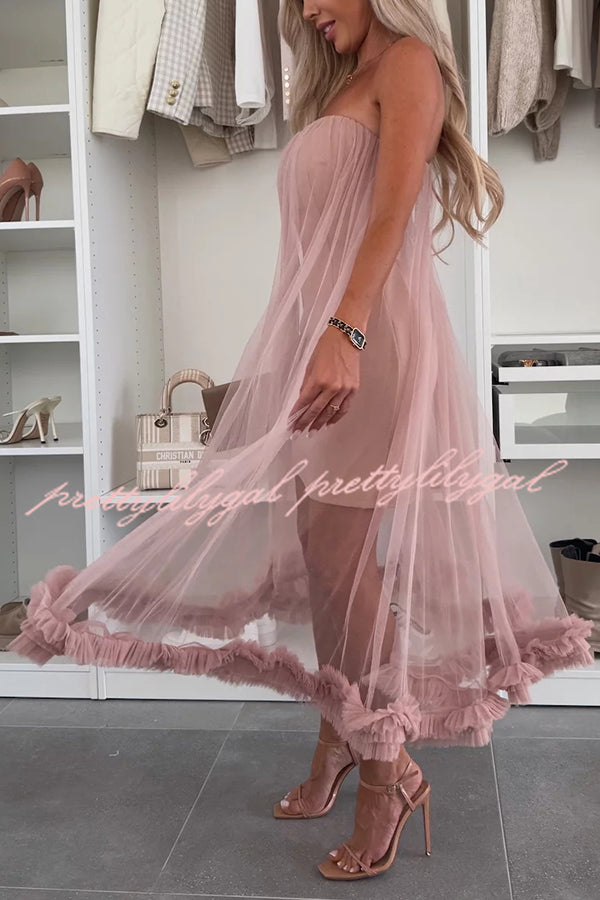 Fairytale Charm Tulle Off Shoulder Ruffles Trim A-line Midi Dress for Women | Elegant Evening Party, Wedding Guest, Prom, Special Occasion Outfit