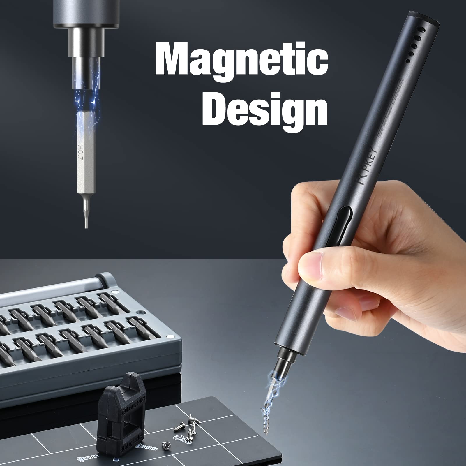 PKEY Cordless Electric Screwdriver Kit - 55 Magnetic Precision Bits, 2 Torque Settings & 3 LED Lights | Perfect for DIY, Home Repairs, Computers, Furniture Assembly, Bicycles, Watches and Electronics