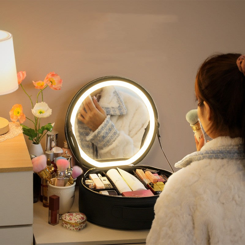 Round Smart LED Makeup Bag with Mirror Lights - Large Capacity PU Leather Cosmetic Case for Women | Travel Organizer & Beauty Storage | Perfect for Travel, Home Vanity & On-the-Go Touchups