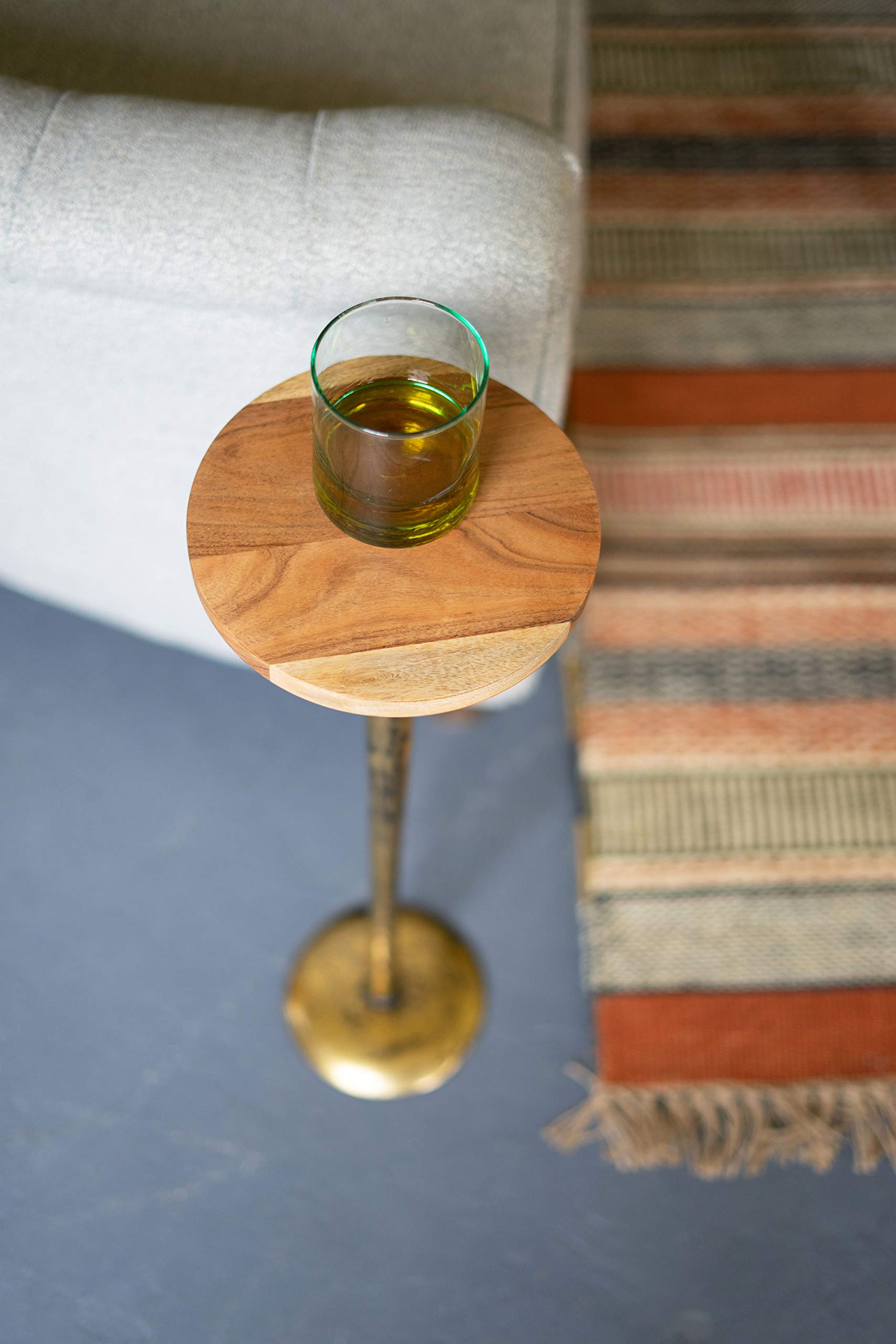 Vintage Brass Metal Accent Table with Modern Wood Top - Slim Drink Stand Cocktail Table for Living Room, Bedroom & Patio | MY SWANKY HOME