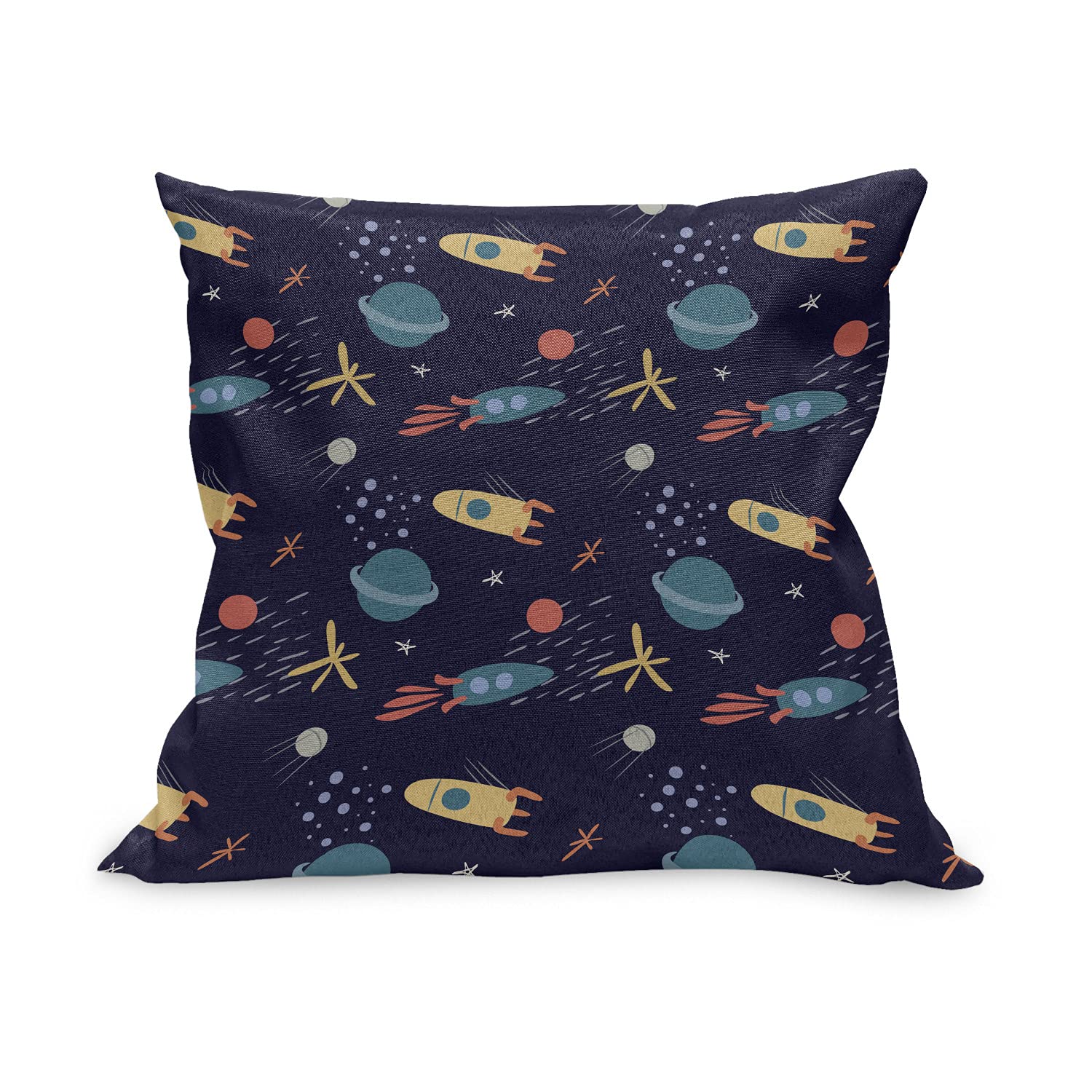 Ambesonne Alien Themed Throw Pillow Cover 20x20 Inches - Soft Tone Space Design with Stars, Rockets & Planets - Decorative Square Cushion Case for Living Room, Bedroom, Nursery - Multicolor Home Decor Gift