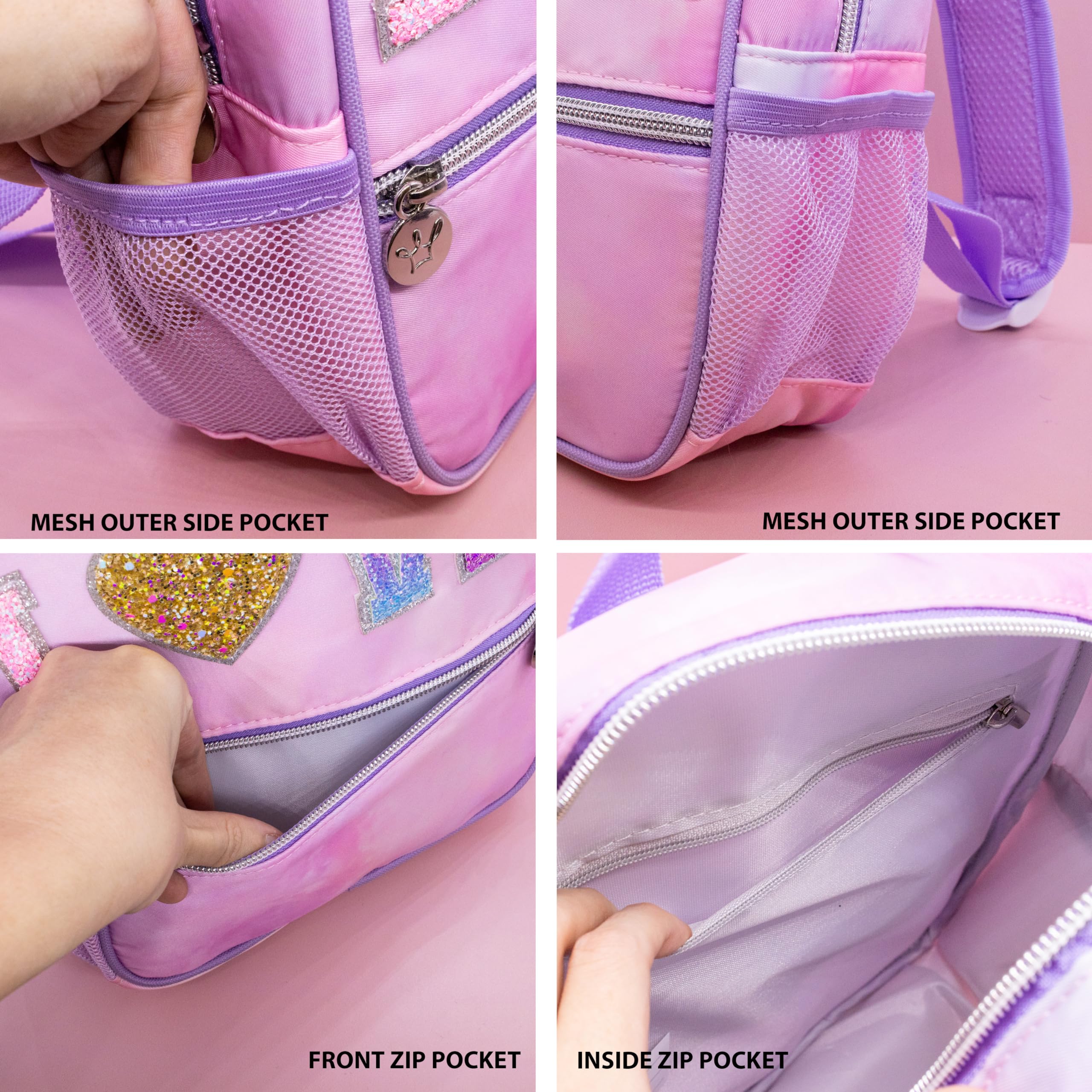 FROG SAC Mini Toddler Backpack for Girls - Pink Tie Dye Glitter Preschool Backpack, Small Daycare Bookbag for Little Girls - Perfect for School, Travel & Daily Use (LOVE - Tie Dye)