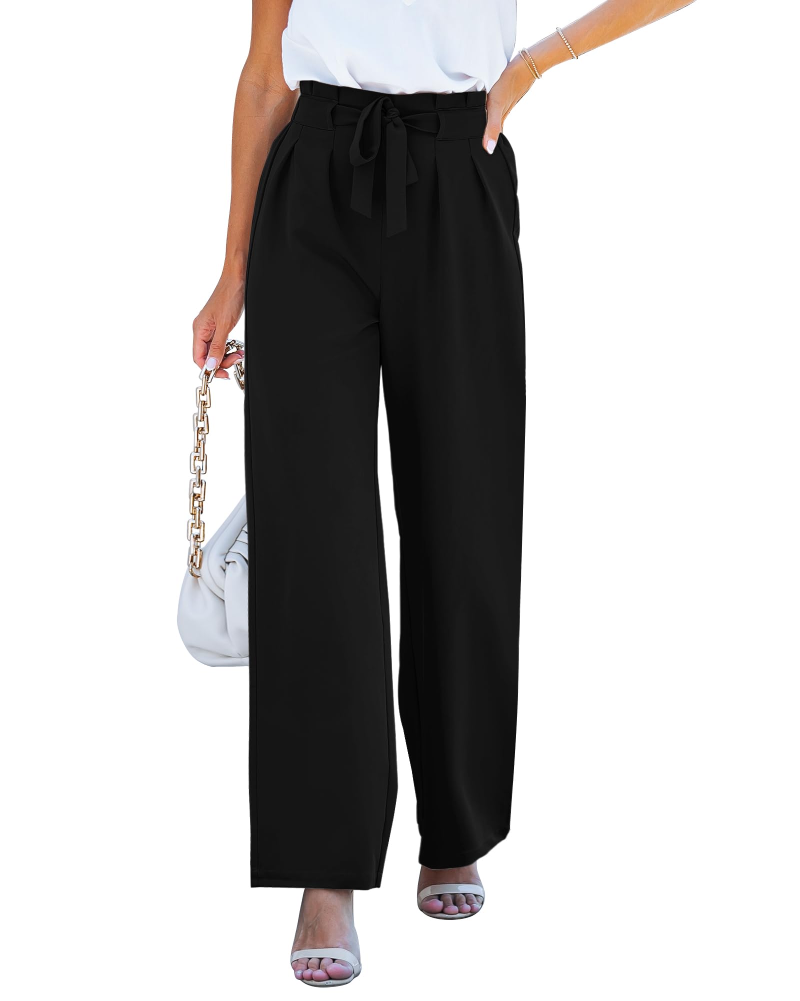 GRAPENT Women's High Waisted Wide Leg Dress Pants - Elastic Waist Pleated Work Trousers for Office & Casual Wear | Trendy Belted Pants for Business, Travel & Everyday Outfits
