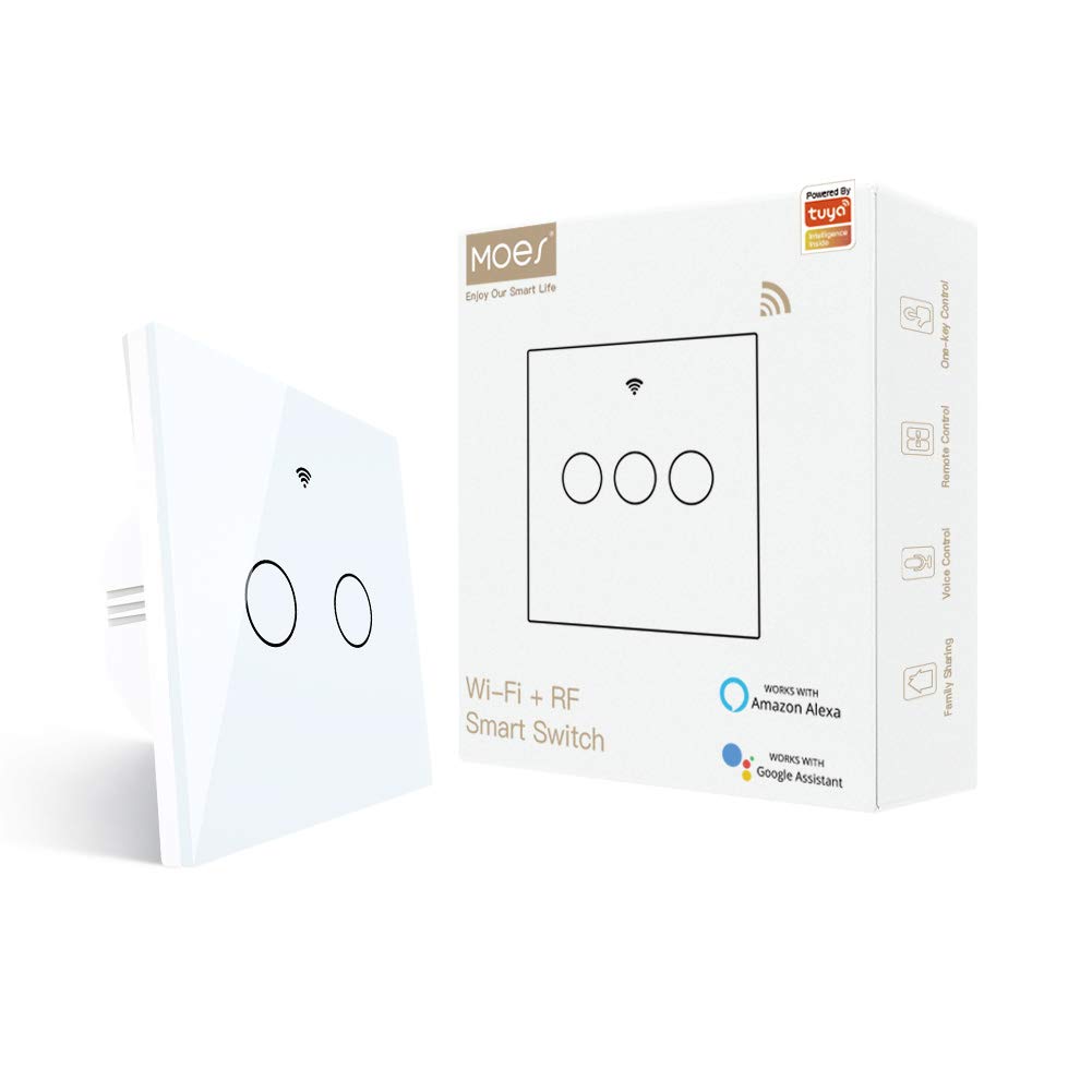 MOES Smart WiFi Light Switch 2 Gang, No Neutral Wire Required, Works with Alexa & Google Home, Smart Life & Tuya App Control, RF433 Remote, 2.4GHz Only - Perfect for Home Automation & Smart Lighting Control