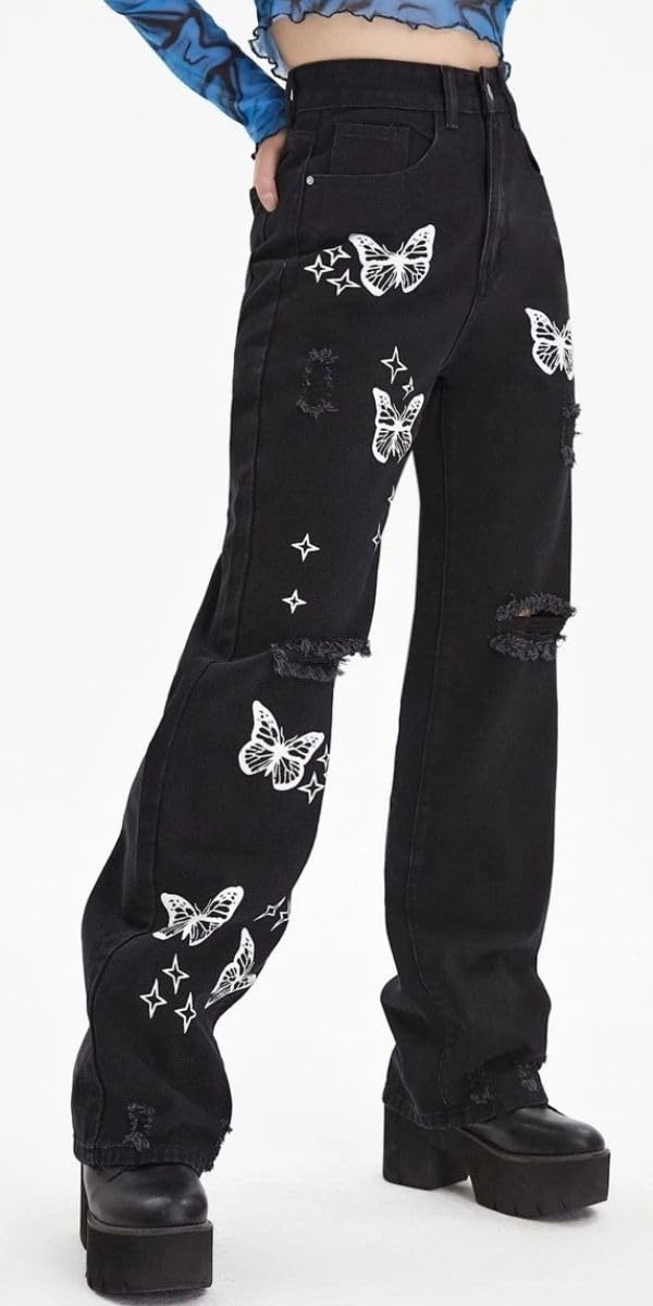 Women's High Waisted Ripped Wide Leg Jeans - Butterfly Print Distressed Boyfriend Denim Pants | Y2K Fashion Trendy Baggy Trousers for Casual Wear, Street Style & Retro Outfits