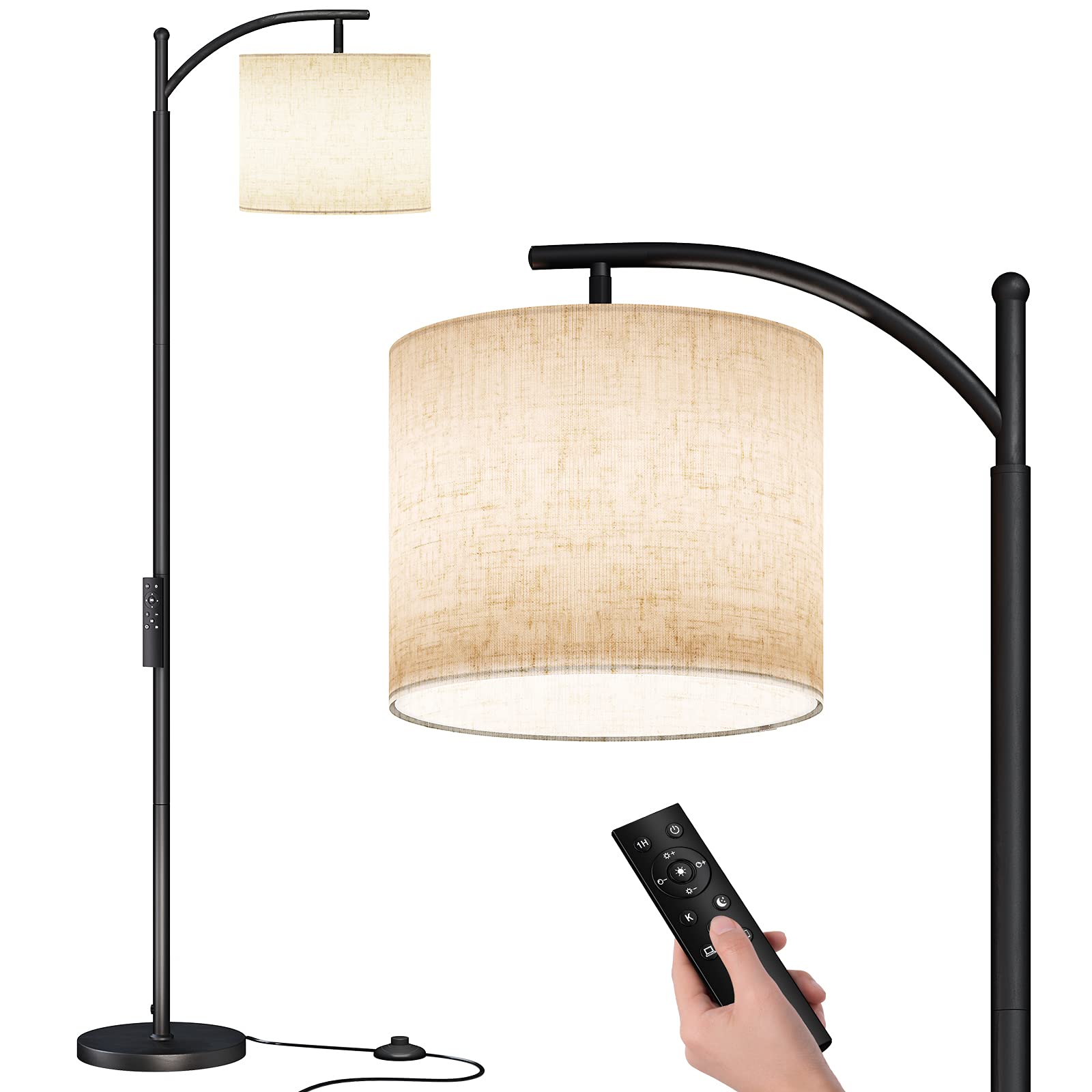 SUNMORY Modern Arc Floor Lamp with Remote Control - Dimmable LED Standing Light with Adjustable Hanging Lampshade for Living Room, Bedroom, Office - Black | Perfect for Reading Nook, Home Theater Lighting & Cozy Ambience