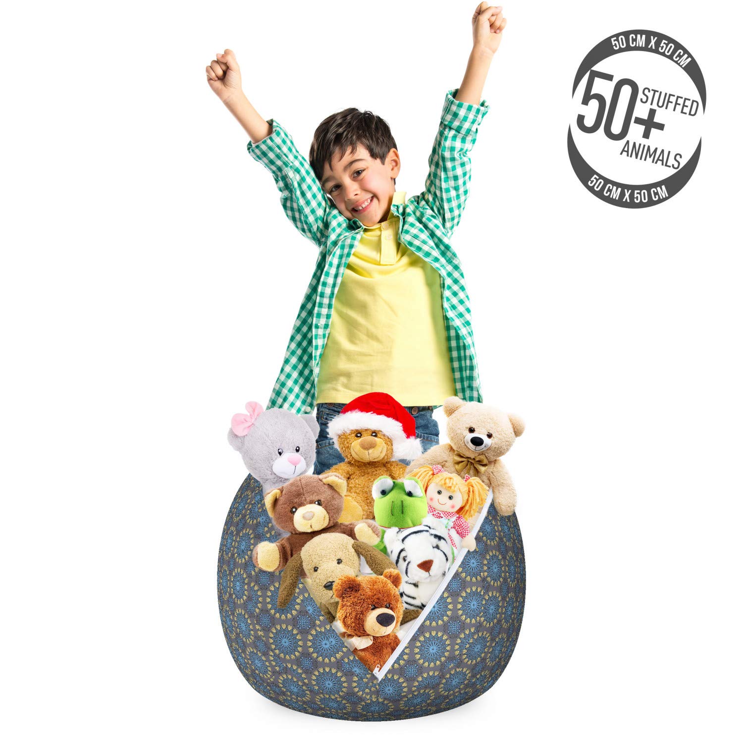 Ambesonne Ethnic Toy Storage Bag Chair - Mandala Inspired Circular Motifs, Washable Stuffed Animal Organizer, Small Size Pale Blue & Yellow | Kids Room Decor, Nursery Organization, Playroom Storage Solution
