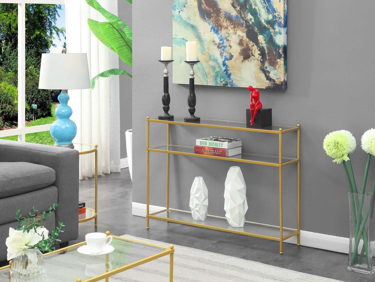 Royal Crest Console Table with Clear Glass Top & Gold Frame - Elegant Entryway Furniture for Hallway, Living Room & Foyer Decor