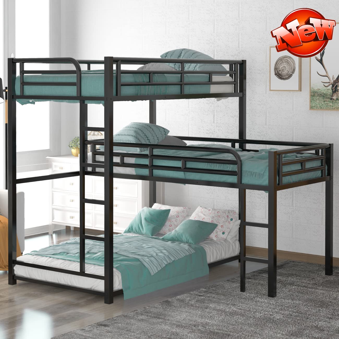 Upgraded Heavy-Duty Metal Triple Bunk Bed - L-Shaped 3 Person Bunk Bed with Twin Over Twin Design & Attached Loft Bed | Black | Easy Assembly | Perfect for Kids' Rooms, Dormitories & Space-Saving Bedroom Solutions