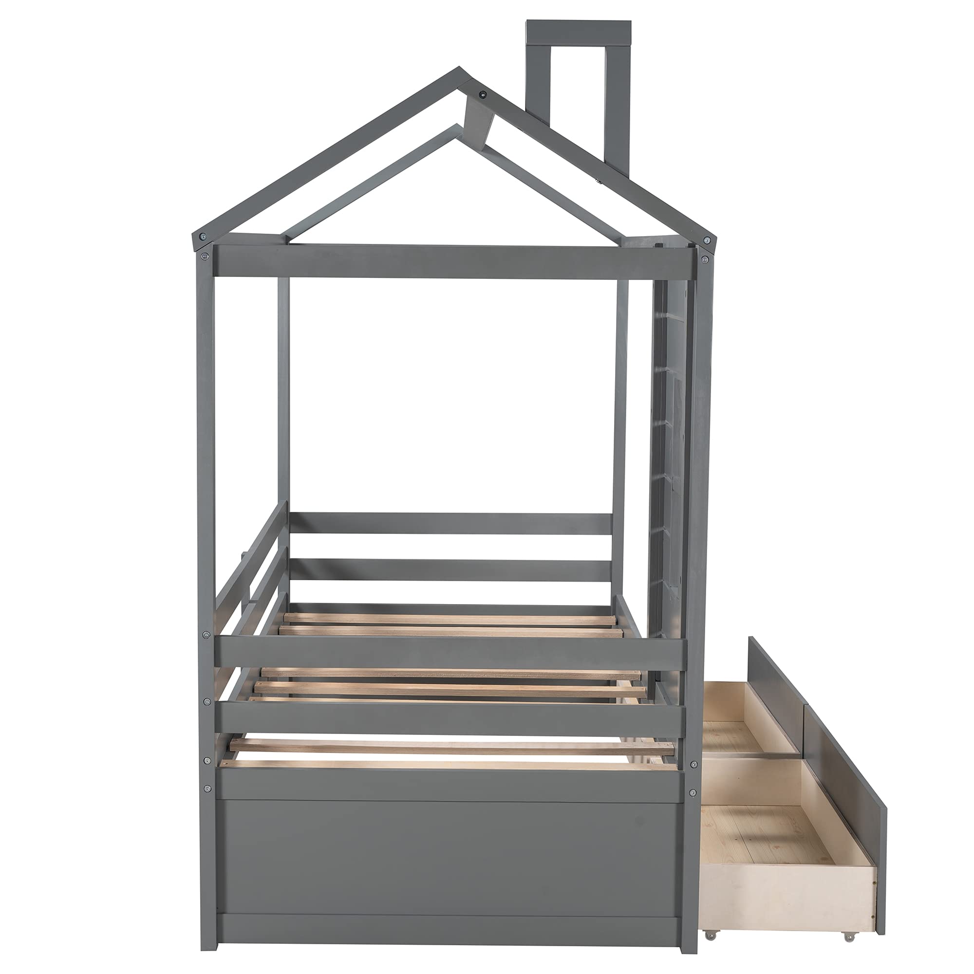 Quarte House Bed Low Daybed for Kids - Twin Size Wood Floor Bed Frame with 2 Drawers & Window, No Box Spring Needed - Grey Modern Tent Bed for Bedroom, Playroom & Nursery (Twin Size)