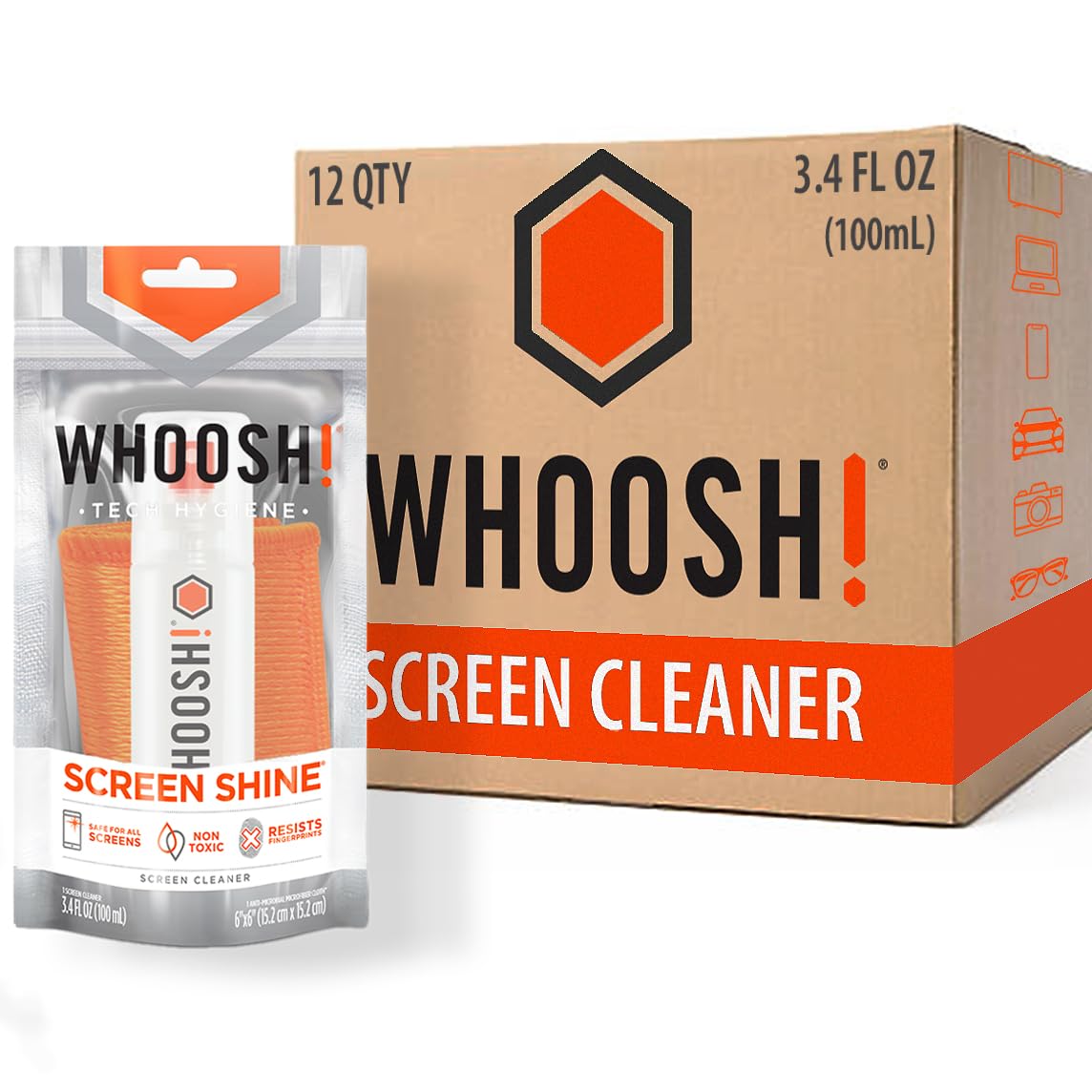 WHOOSH! Screen Cleaner Spray and Wipe Kit - 12 Pack (3.4 fl oz Each) with Microfiber Cloth - Travel Size Electronics Cleaner for iPhone, iPad, MacBook, Laptop, Computer, Phone, Eyeglasses, Car Screens - Perfect for Home, Office, and On-the-Go Cleaning
