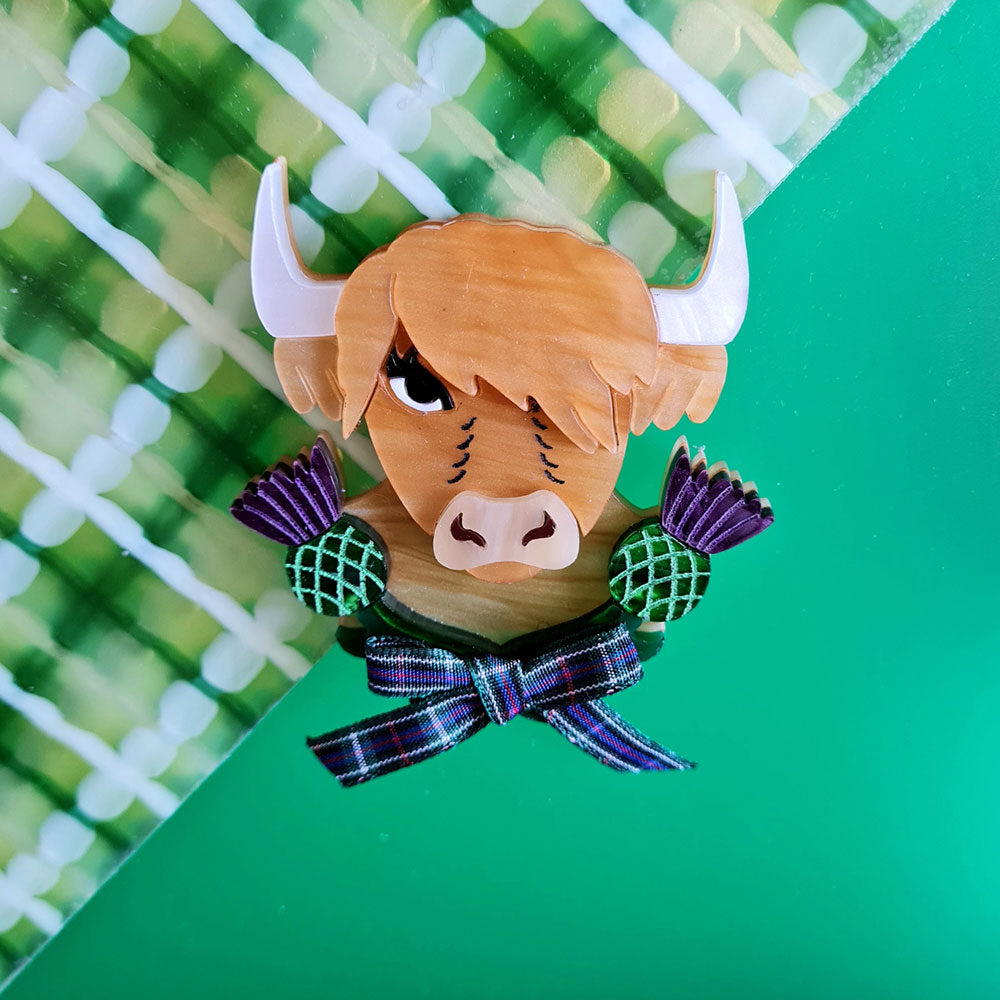 Bonnie The Highland Cow Brooch by Cherryloco - Handmade Scottish Cow Pin for Women - Perfect for Jackets, Scarves, and Hats | Unique Gift for Animal Lovers