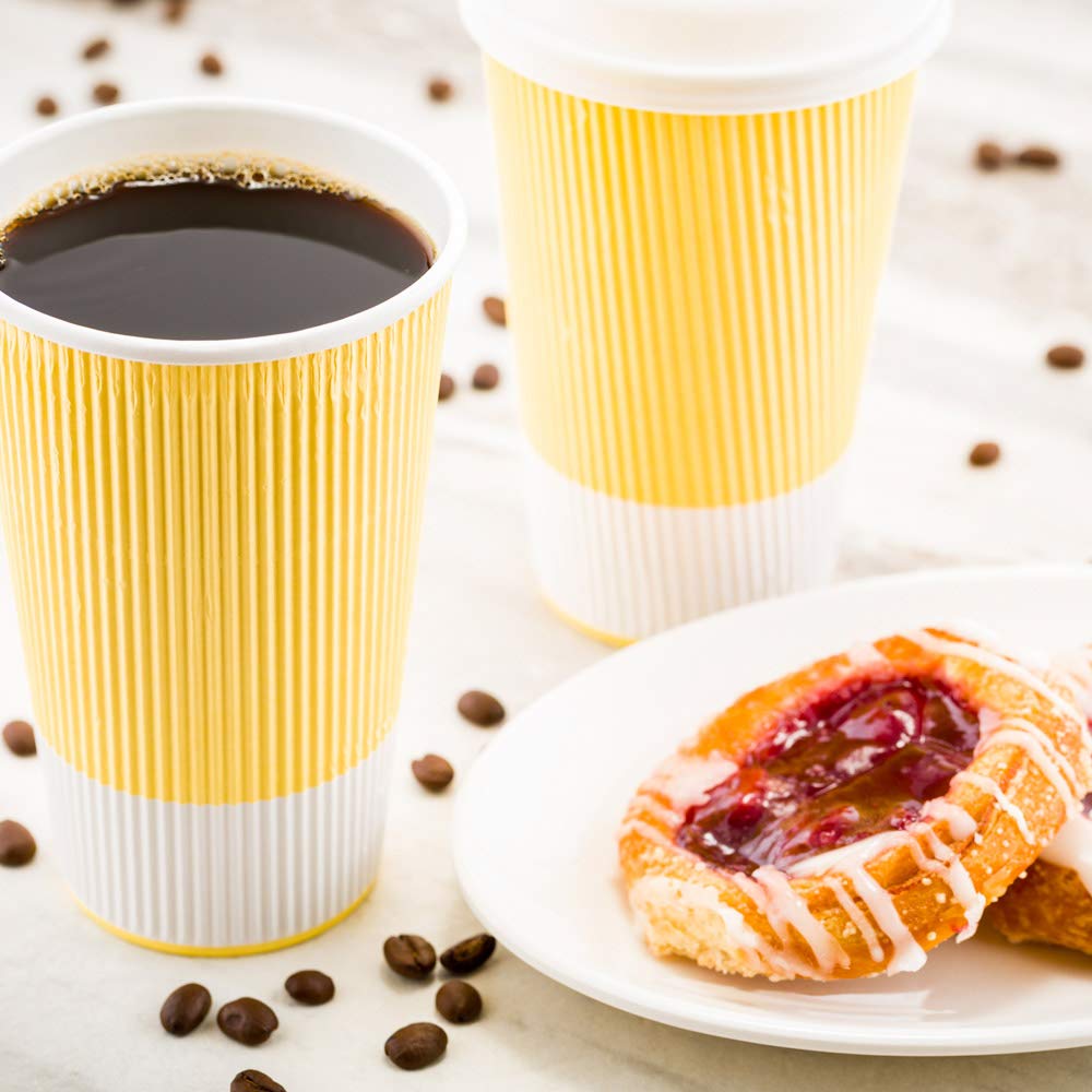 20oz Ripple Insulated Coffee Cups - 250 Pack Double Wall Corrugated Paper Cups with Secure Grip | Eco-Friendly Light Yellow Ribbed Design | Lids Sold Separately | Perfect for Coffee Shops, Offices & Catering Events