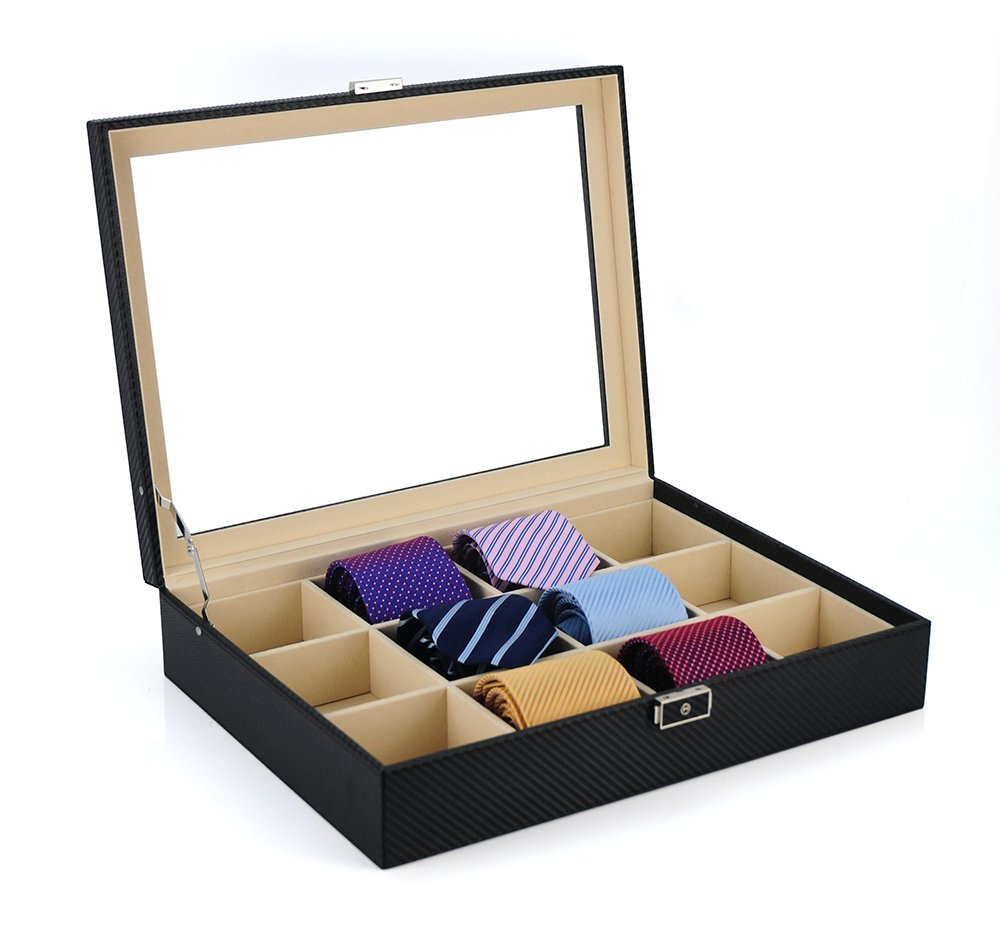 Premium Black Carbon Fiber Tie & Belt Organizer - Holds 12 Neckties, Belts & Men's Accessories | Durable Storage Case for Closet, Office & Travel | Perfect Father's Day Gift for Men