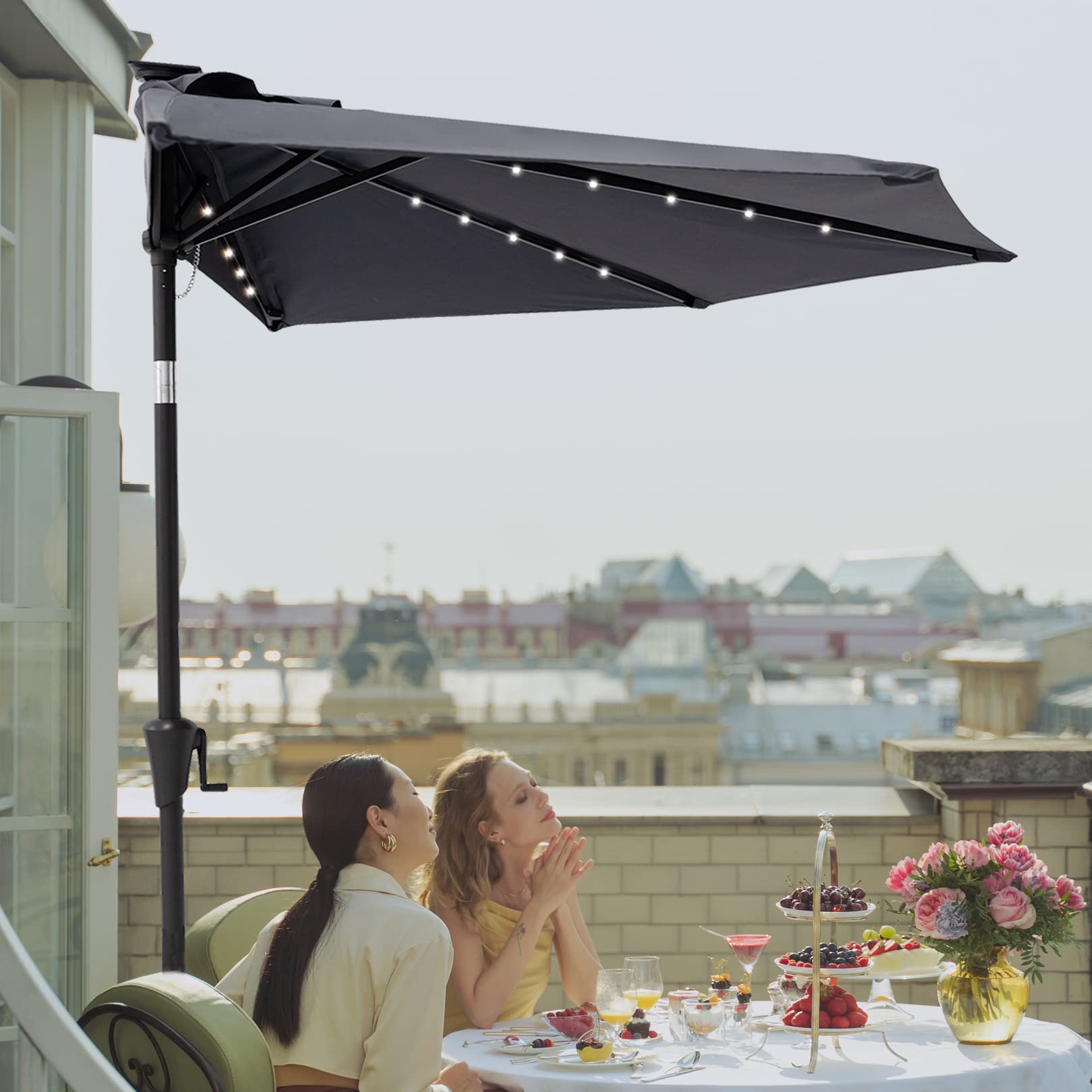 CHopetree 9ft Half Round Outdoor Patio Market Wall Umbrella with Solar LED Lights & Adjustable Tilt - Perfect for Poolside, Garden, and Backyard Relaxation
