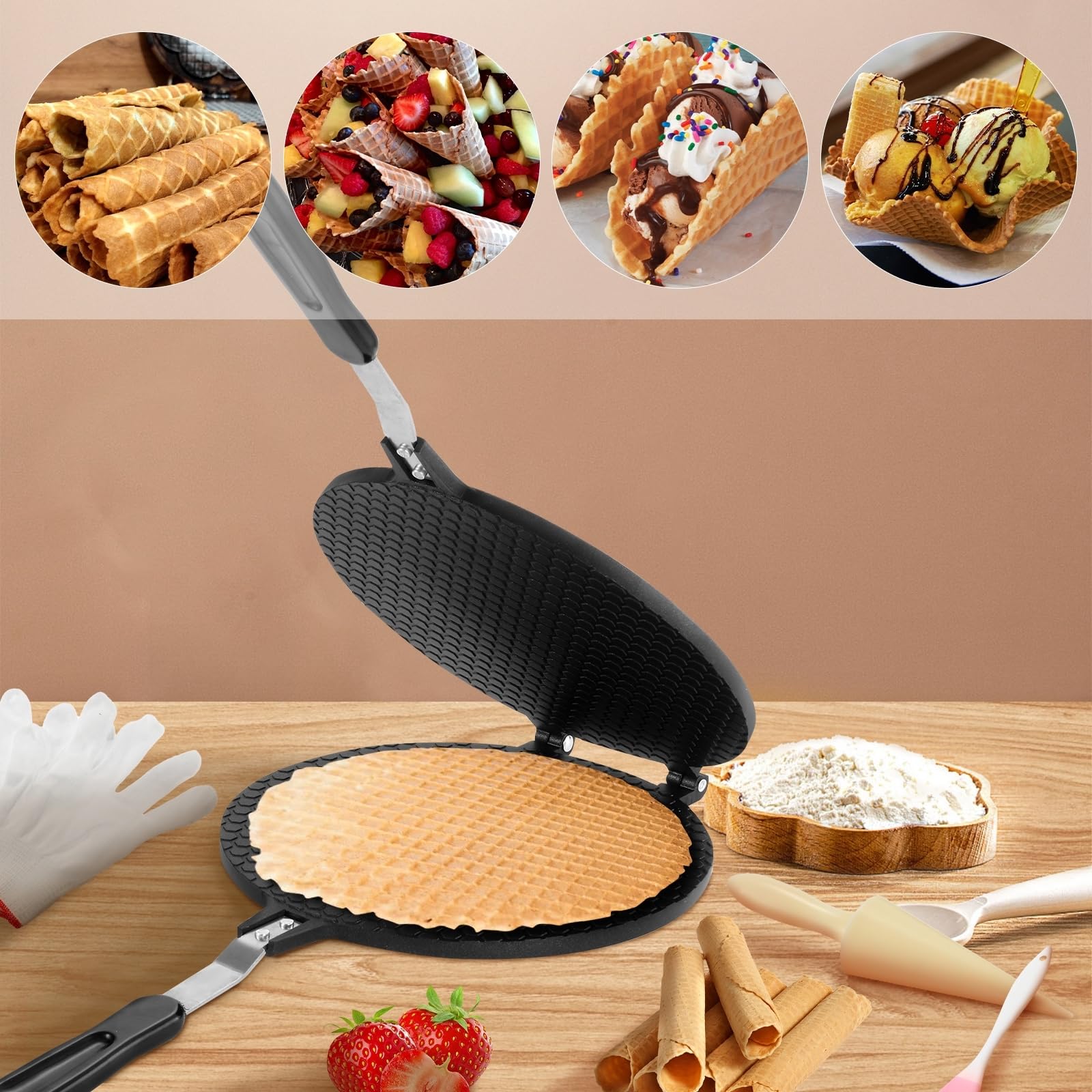 Dyna-Living Non-Stick Waffle Cone Maker - 8.66 Inch Aluminum Ice Cream Cone & Waffle Bowl Machine - Perfect for Homemade Crispy Cones, Egg Rolls & Dessert Bowls (Great for Parties, Ice Cream Shops & Home Baking)