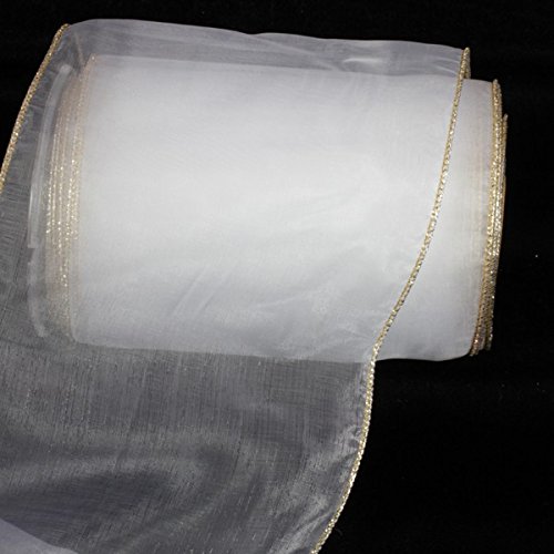 White Organza Ribbon with Gold Wire Edge - 6 Inch x 27 Yards for Gift Wrapping, Wedding Decorations & DIY Crafts