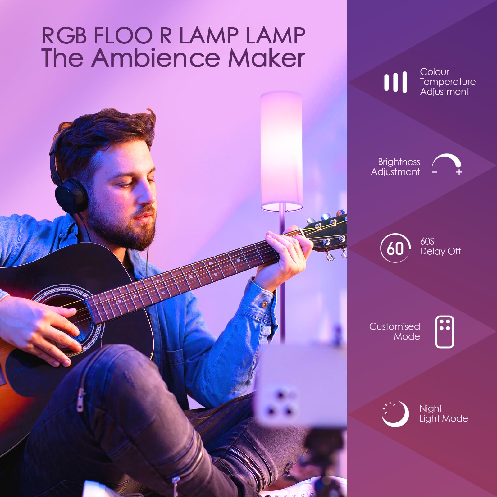 Lithomy Modern RGB LED Floor Lamp with App & Remote Control - Adjustable Standing Lamp for Living Room, Bedroom, Office - White Shade Reading Light for Home Decor, Gaming & Relaxation