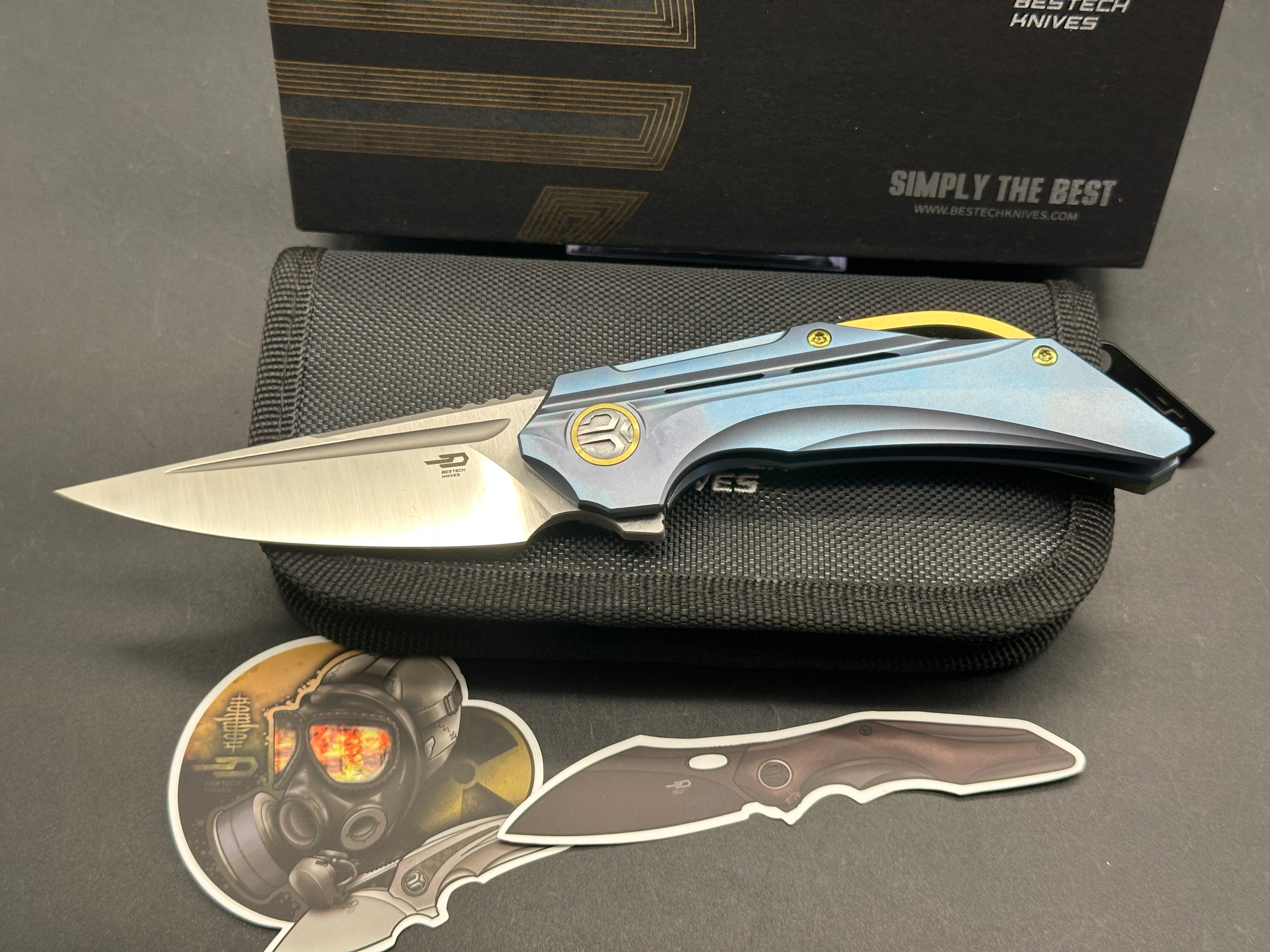 Bestech Kombou Vigil Folding Knife - Blue Titanium Handle, Gold Hardware, M390 Steel Blade, Drop Point, Satin Polish | EDC, Outdoor Survival, Camping, Hunting Gear