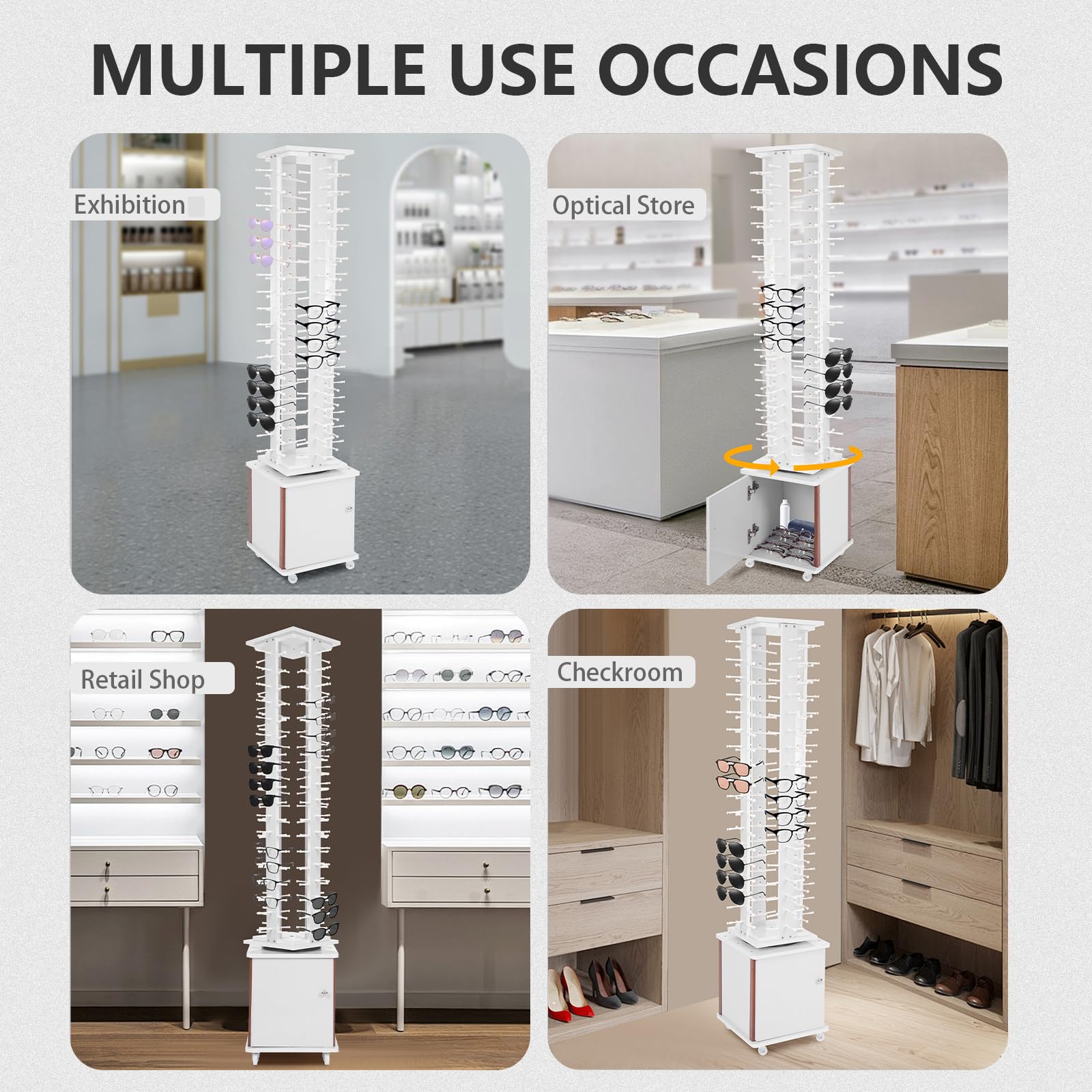 72 Pairs Sunglass Display Stand - 360° Rotating Glasses Holder Rack with Rolling Storage Cabinet - Freestanding Sunglasses Organizer for Retail Stores, Boutiques & Eyewear Shops (White) - Perfect for Eyewear Display, Organization & Customer Browsing