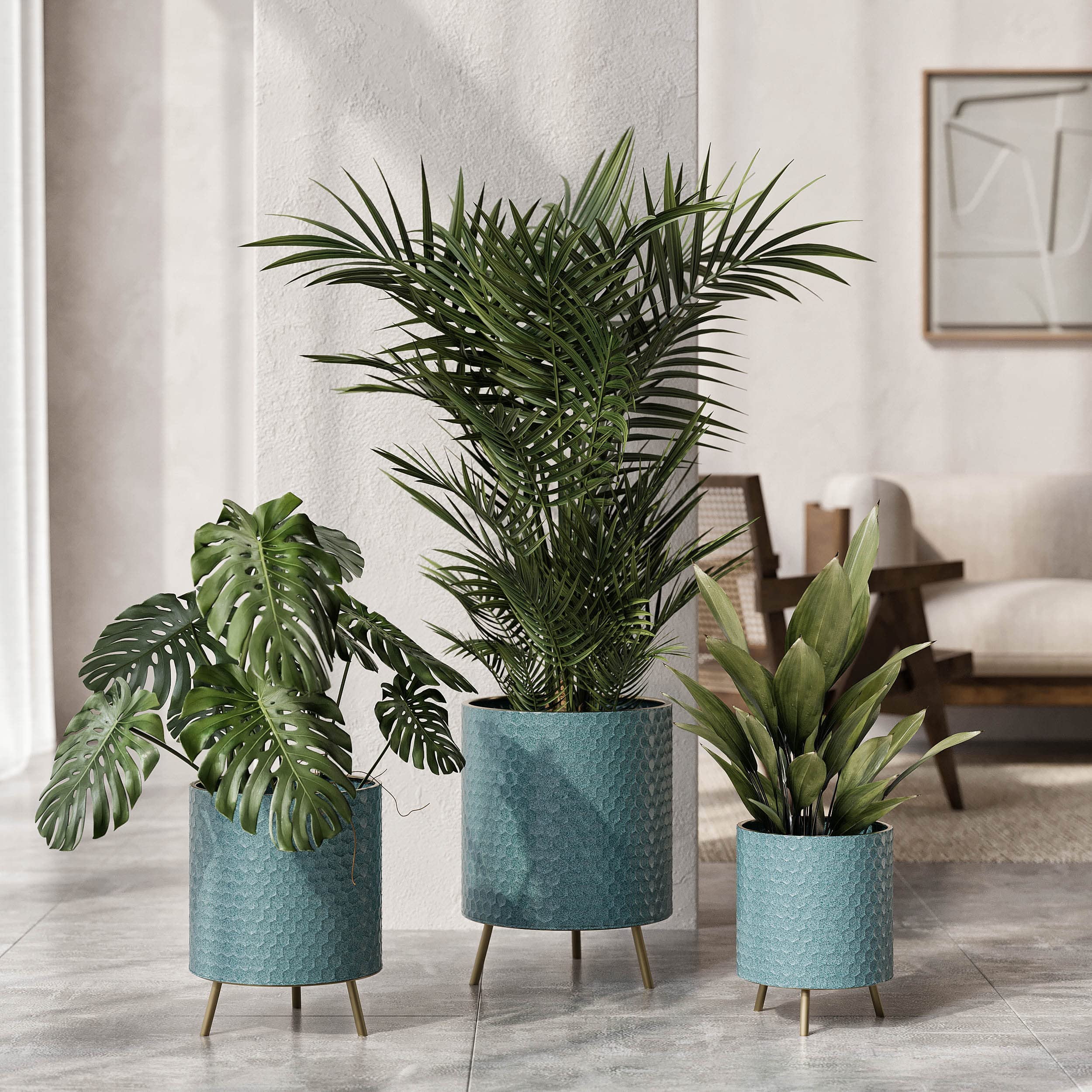 EverNest Mid-Century Modern Rhys Honeycomb Embossed Planter Pot with Nyra Gold Stand - Set of 3 Metal Indoor Plant Pots in Blue Green Bohemian Style for Living Room, Office & Home Decor