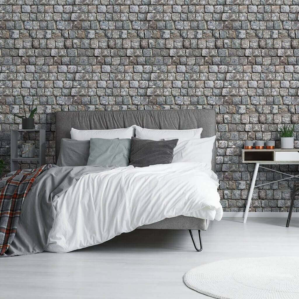 Brown & Grey Stone Peel and Stick Removable Wallpaper - Self-Adhesive Faux Stone Wall Covering for Bedroom, Living Room, Kitchen, Office Decor