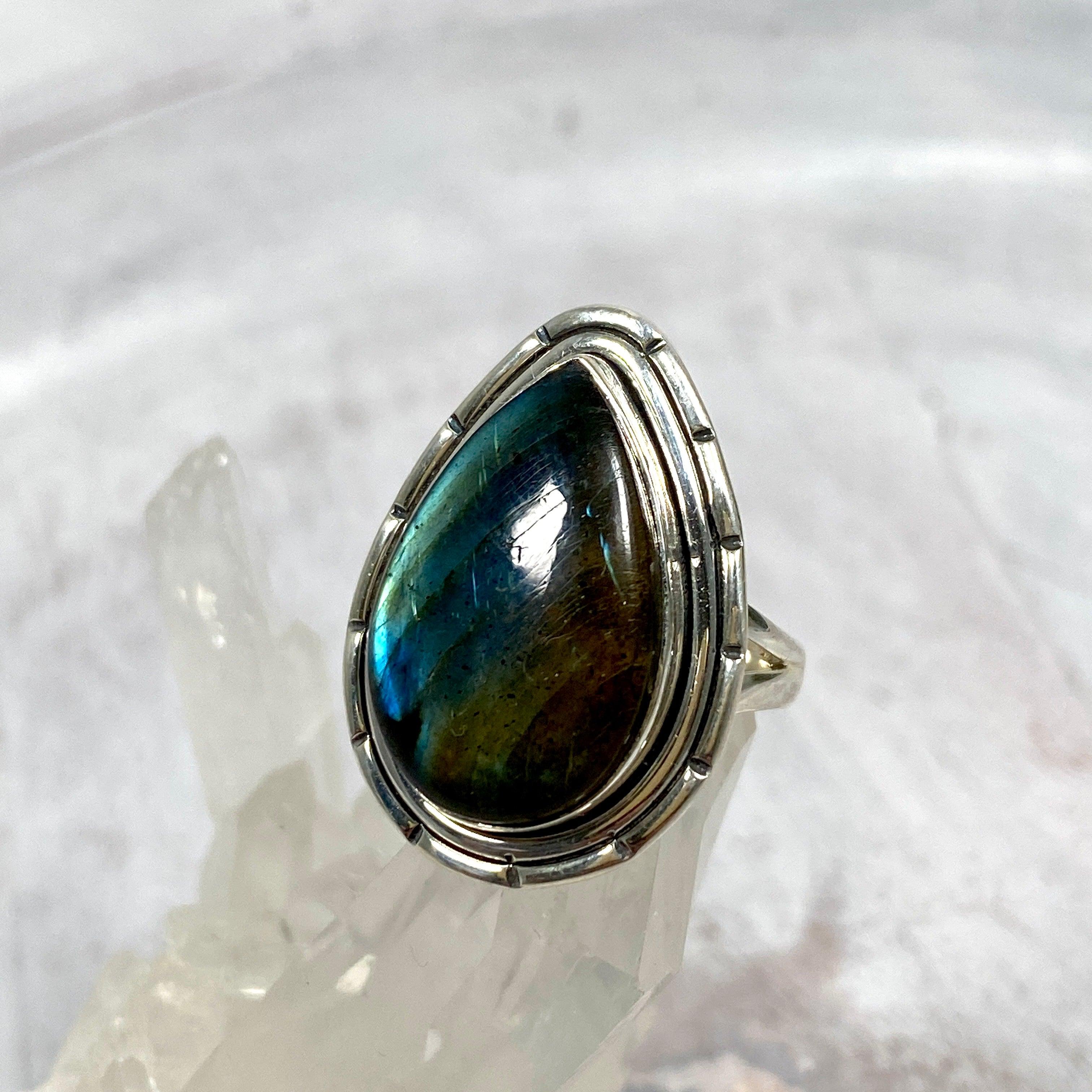 Labradorite Teardrop Filigree Ring - Size 6 - KRGJ2744 - Elegant Handmade Jewelry for Women, Perfect for Weddings, Parties & Special Occasions