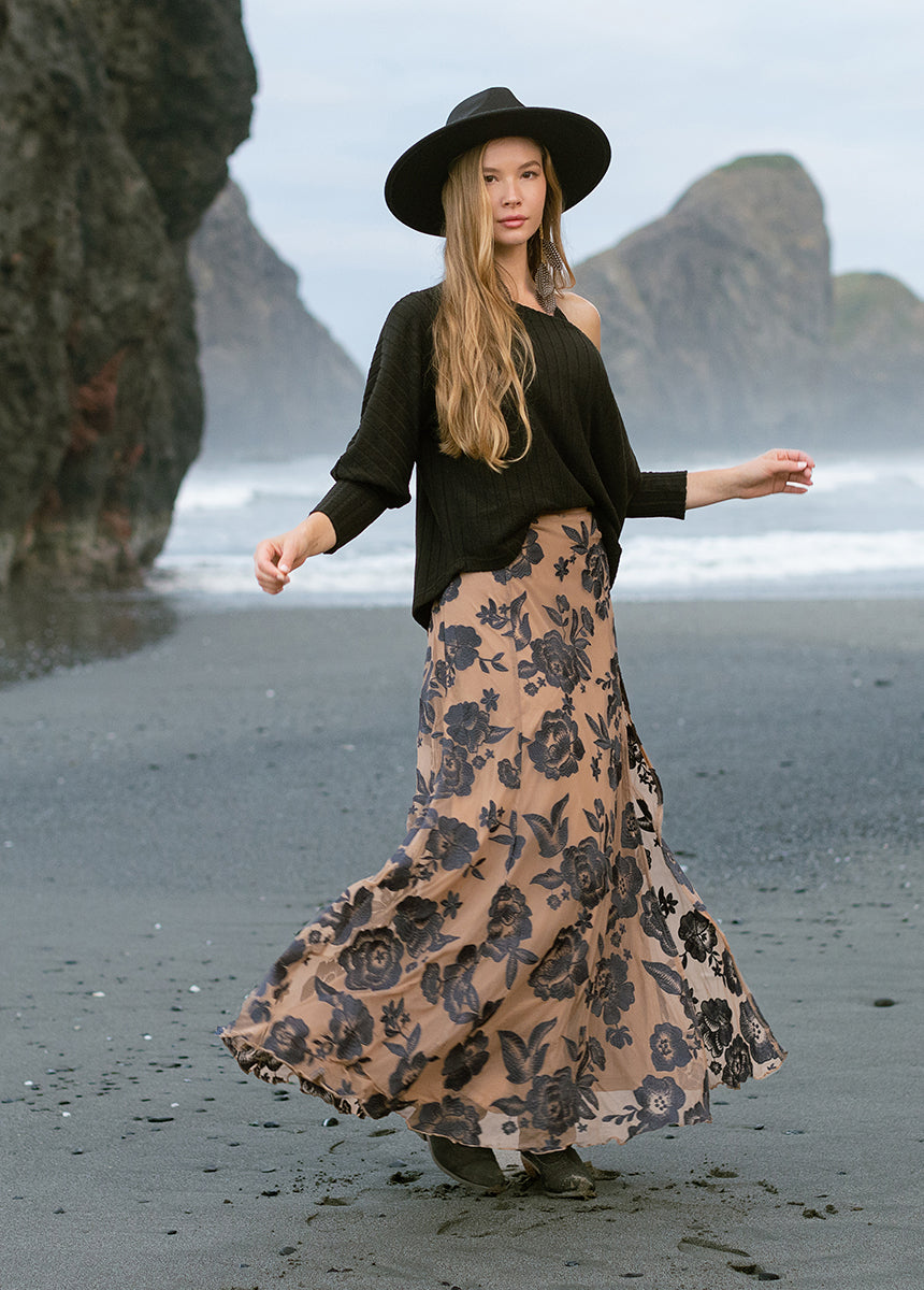 Allurah Skirt in Charcoal - Women's Flowy Midi Skirt with Pockets | Perfect for Casual Wear, Office Outfits & Date Nights