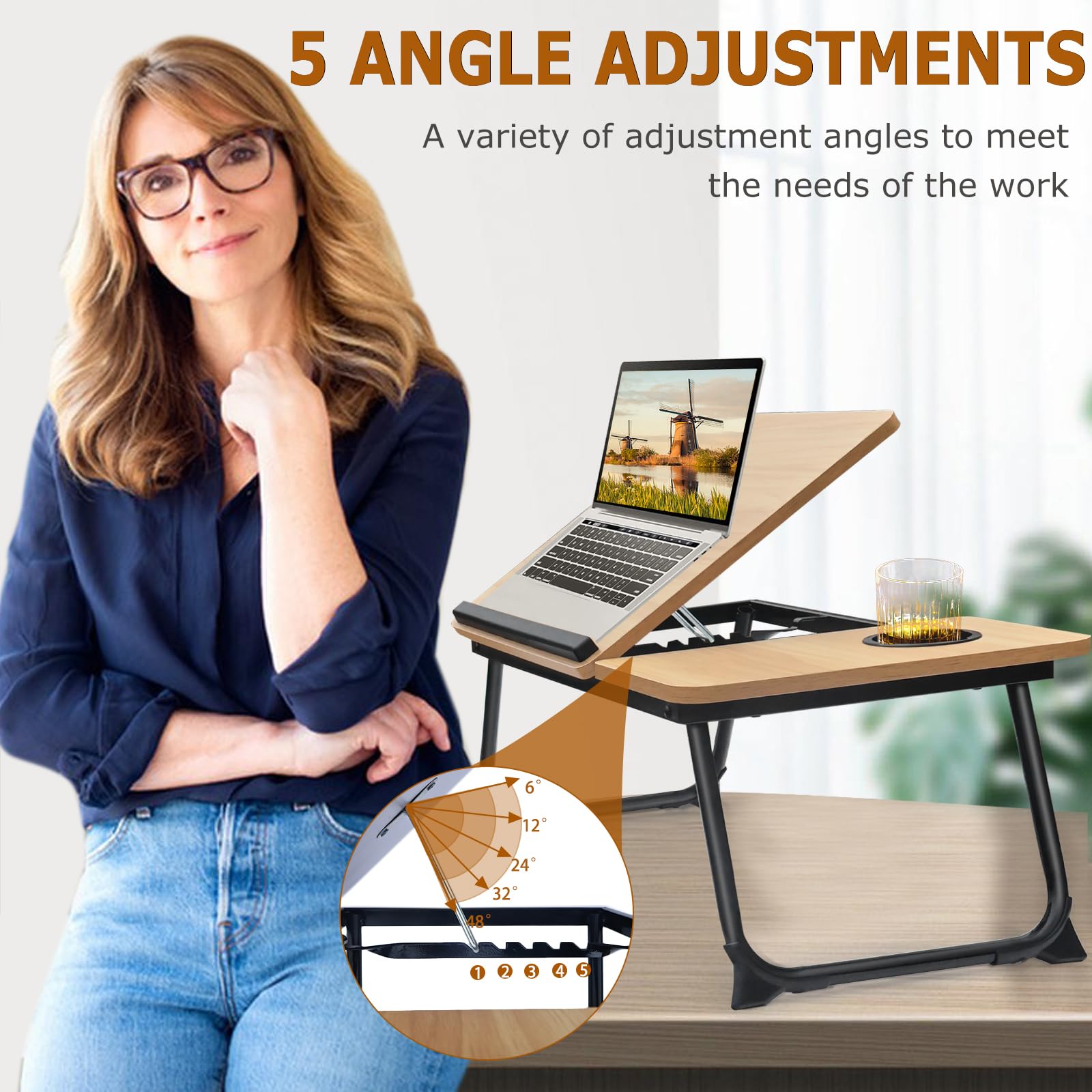 Adjustable Laptop Desk for Bed - Portable Foldable Bed Table with Cup Holder, Laptop Stand & Writing Tray - Perfect for Working, Studying, Reading & Eating in Bed or on the Couch