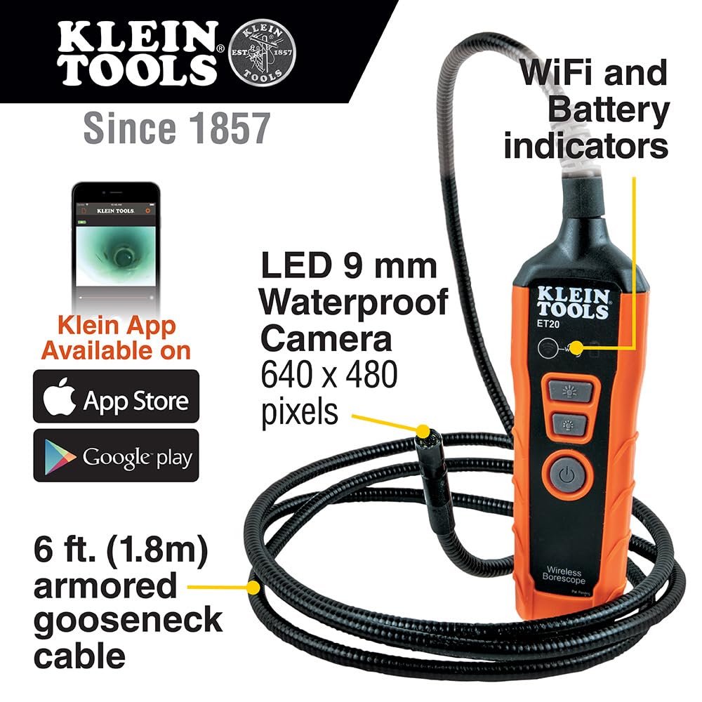 Klein Tools ET20 WiFi Borescope Inspection Camera with Rechargeable Battery & LED Lights - 2.4GHz Wireless Endoscope for Plumbing, HVAC, Automotive & Industrial Use