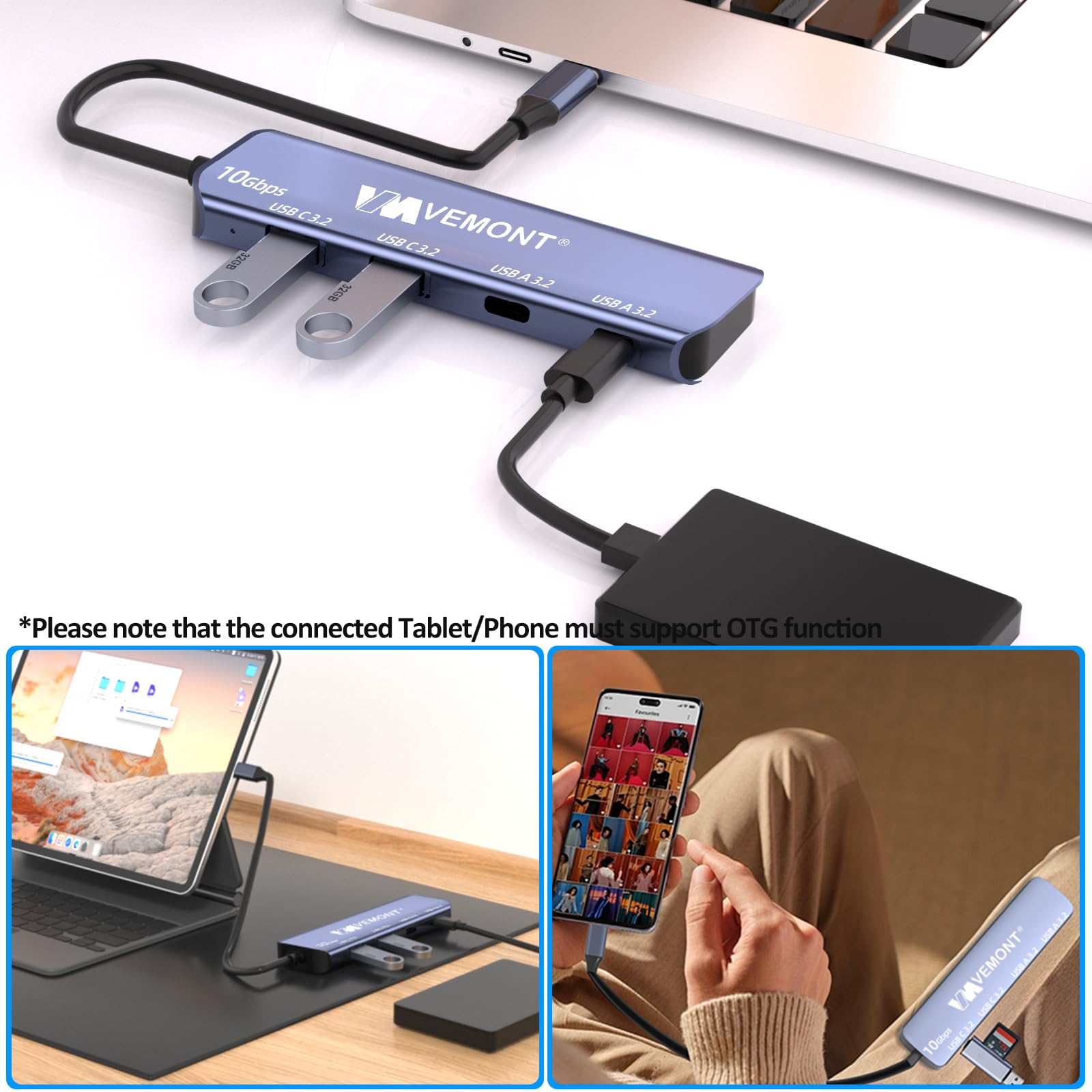 VEMONT Aluminum USB C Hub 3.2 Gen 2 (10Gbps) with 2 USB-C & 2 USB-A Ports - Ultra Slim Multi-Port Adapter for MacBook Pro/Air 2022/2021, iPhone 15, iPad Pro, Dell XPS, Surface Pro | Perfect for Office Work, Travel & Home Use