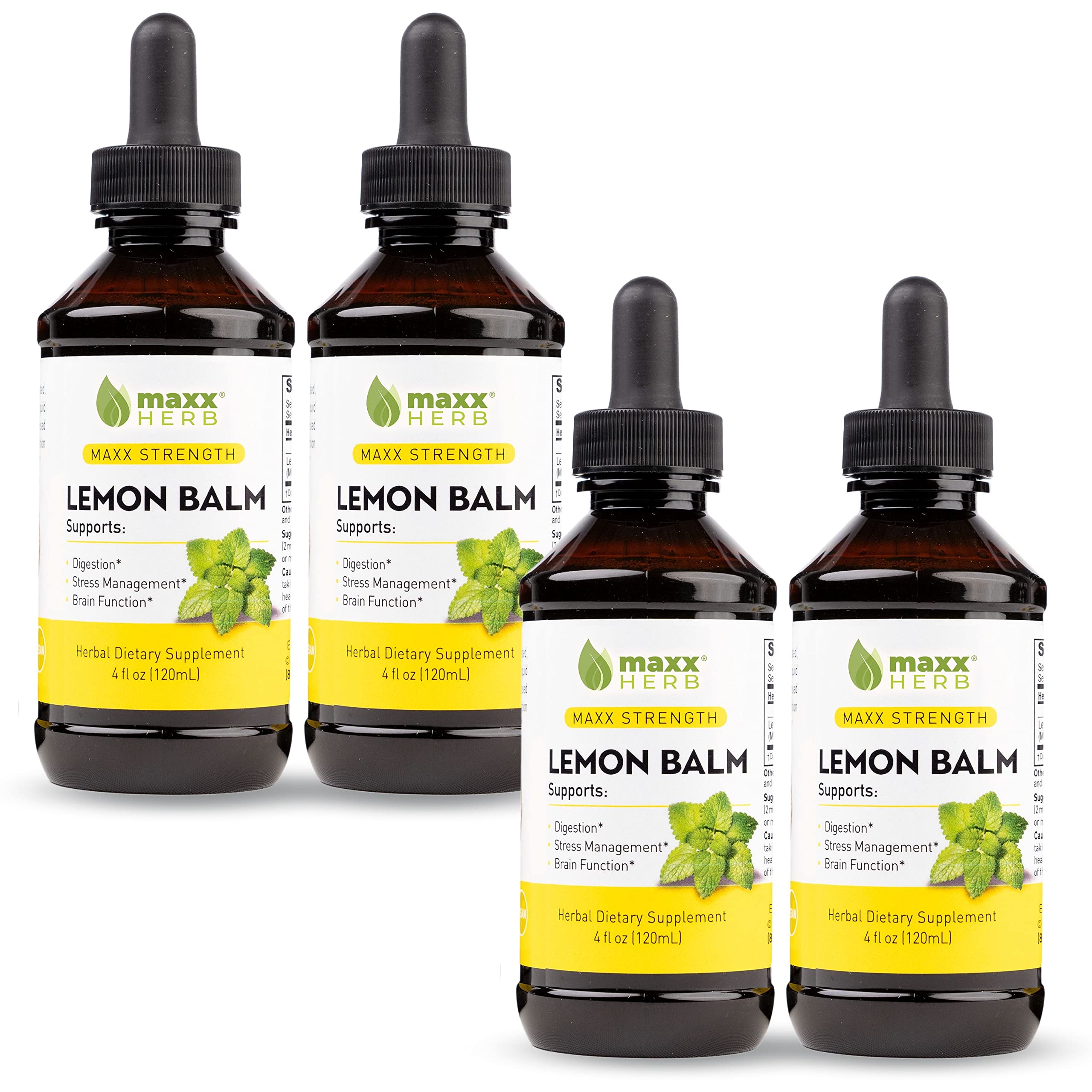 Maxx Herb Lemon Balm Extract - Maximum Strength Lemon Balm Tincture for Nervous System Support & Stress Relief - Fast Absorption Formula (Better Than Capsules) - 4 Bottles x 4oz (240 Servings) - Perfect for Daily Relaxation, Anxiety Relief & Natural Sleep Aid