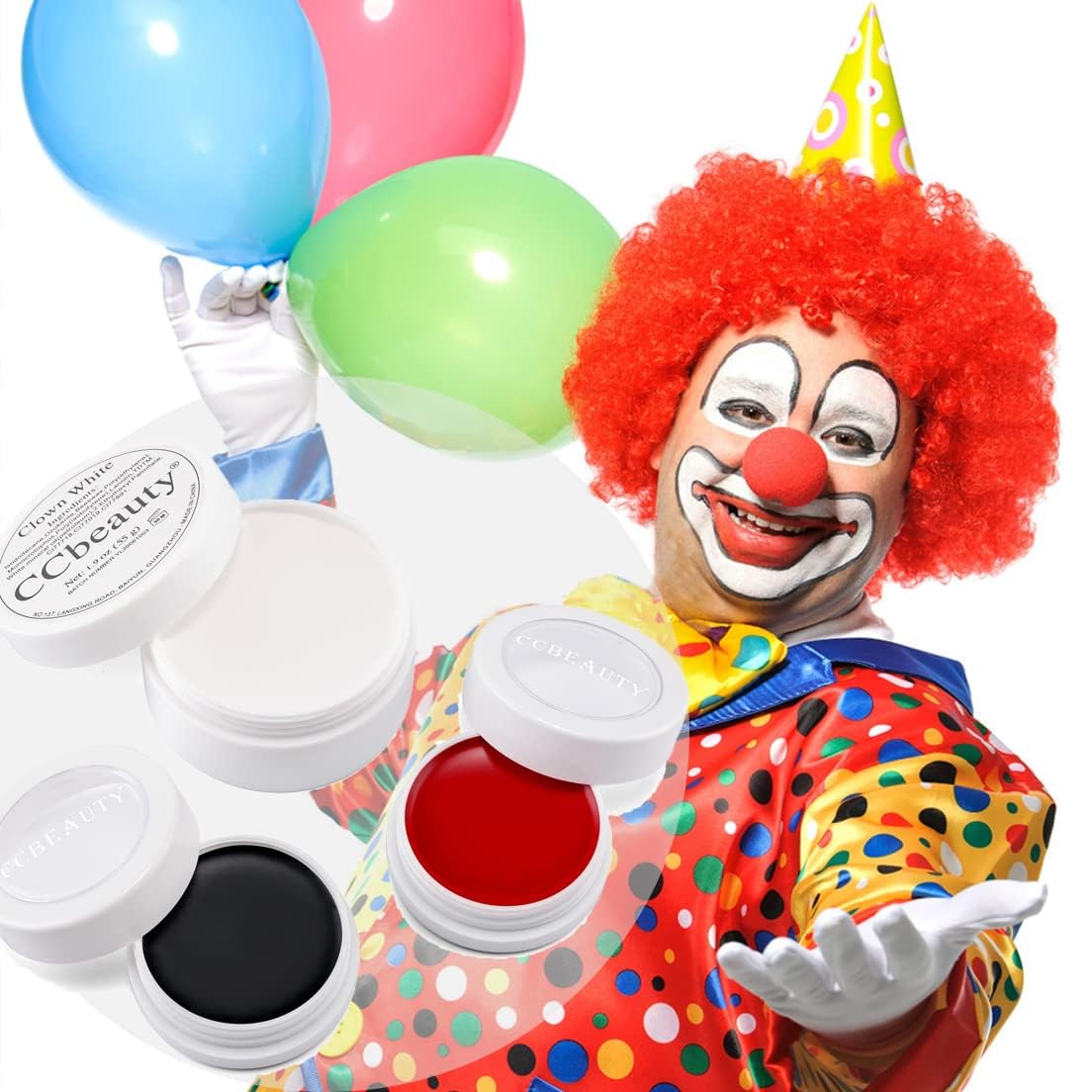CCbeauty Professional Clown Makeup Kit - White, Black & Red Face Paint with 6 Wooden Brushes, Red Nose & Foundation Cream | Perfect for Joker Costume, Vampire Halloween & Cosplay Dress Up