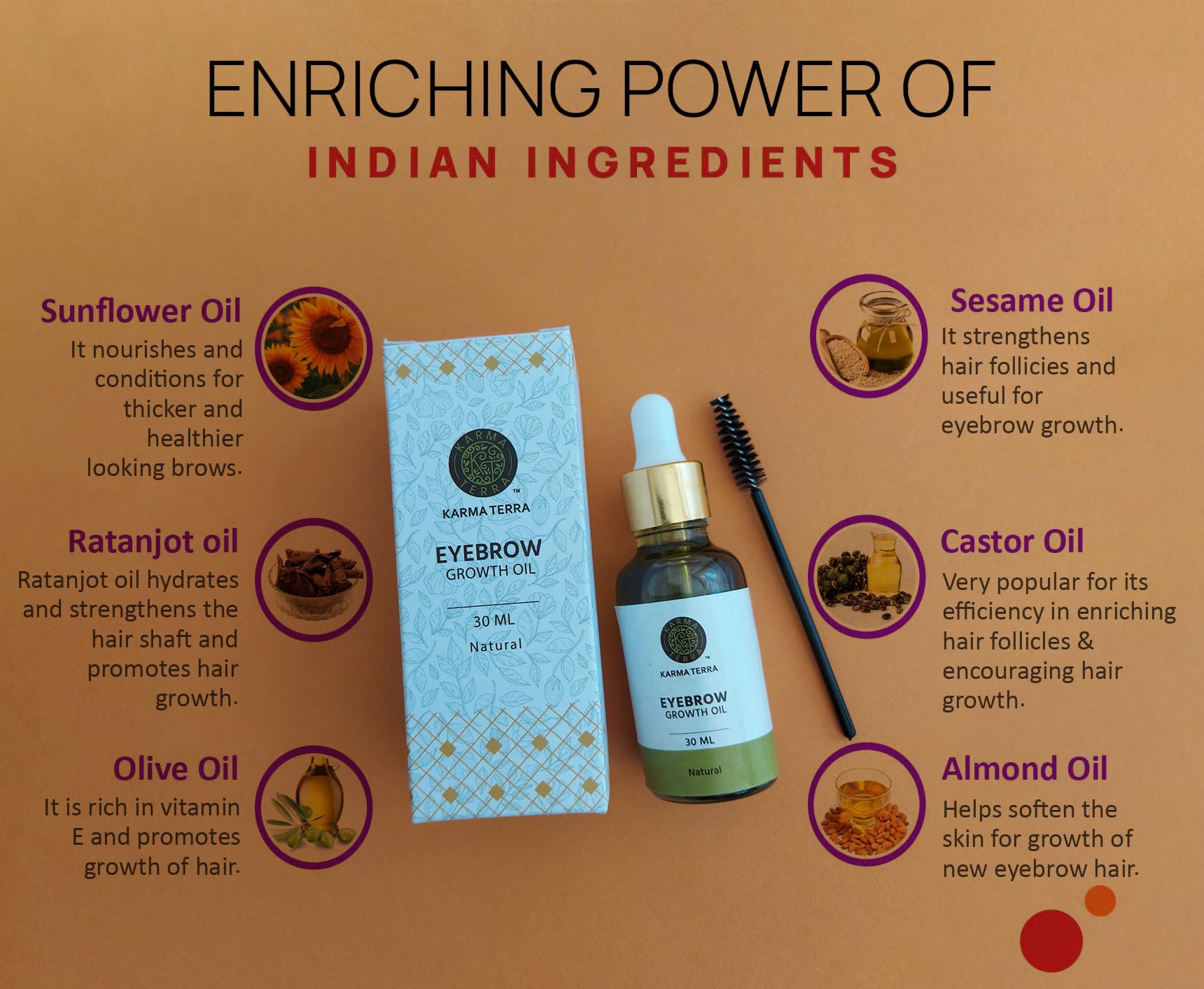 Organic Karma Terra Eyebrow Growth Oil with Coconut & Castor Oil - Natural Thickening Serum for Fuller Brows, 30ml - Perfect for Daily Eyebrow Care & Styling