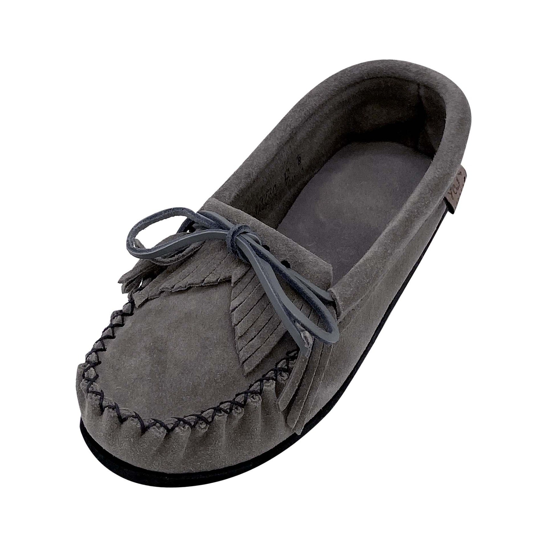 Women's Gray Suede Moccasins with Fringe Detail & Rubber Sole - Comfortable Slip-On Shoes for Casual Wear, Travel & Home