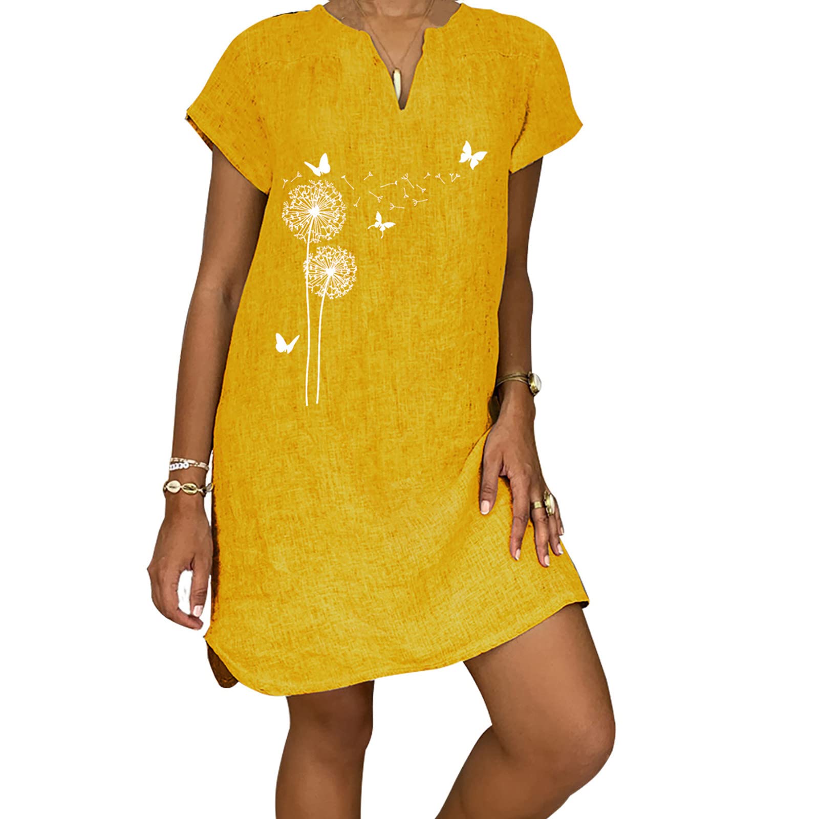Women's Summer Casual T-Shirt Dress - Oversized V-Neck Midi Dress with Dandelion Butterfly Print in Breathable Cotton Linen Blend | Perfect for Beach Outings, Weekend Brunch & Summer Vacations