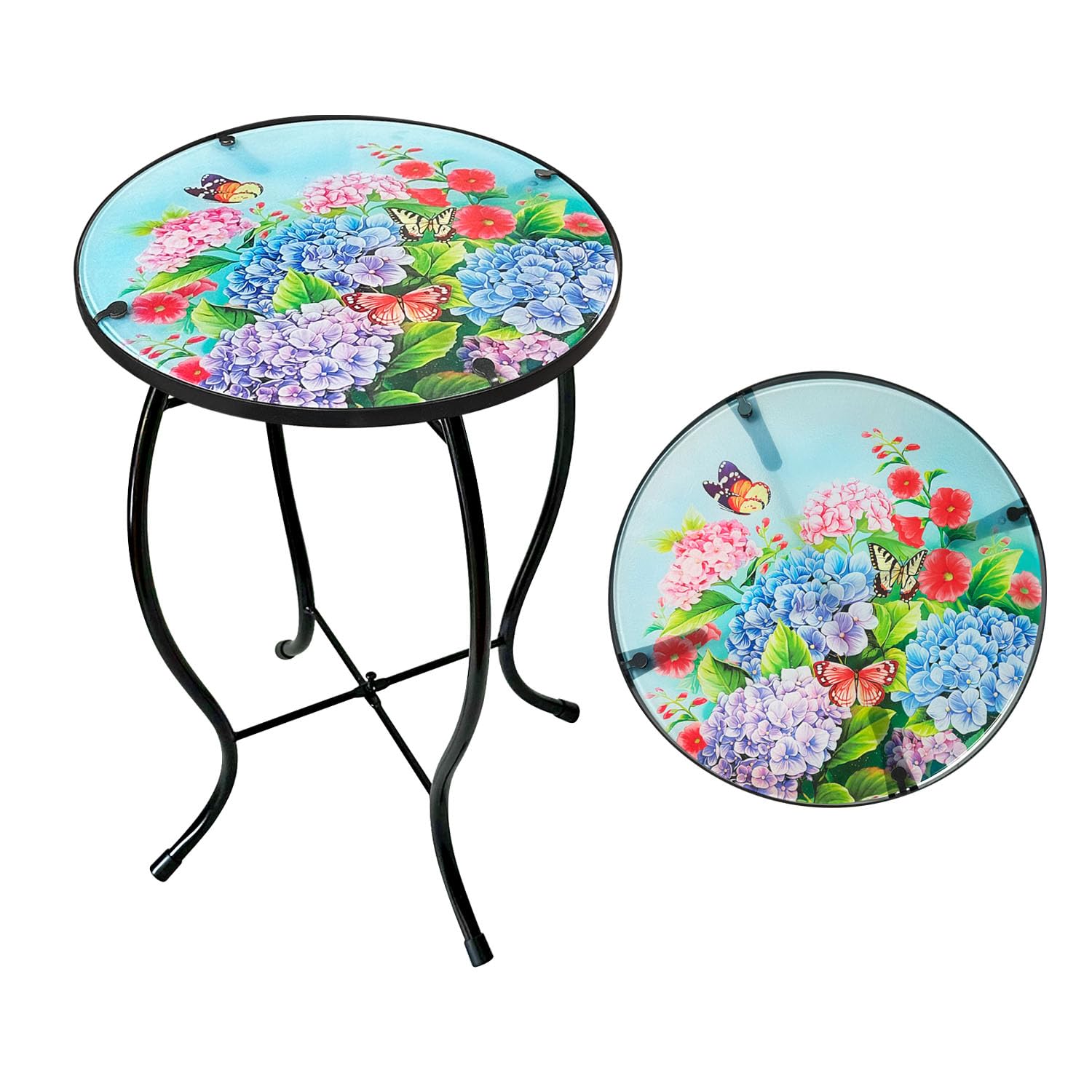 Round Glass Top Mosaic Patio Side Table with Butterfly Hydrangea Design - Outdoor Accent Coffee Table for Balcony, Garden & Poolside Decor