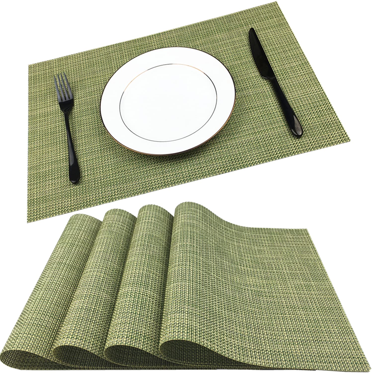 WAZAIGUR Crisscross Woven Vinyl Placemats Set of 4 - Non-Slip, Heat Resistant & Easy to Clean Table Mats for Kitchen, Dining Room - Green and Yellow - Perfect for Everyday Meals, Dinner Parties & Holiday Gatherings