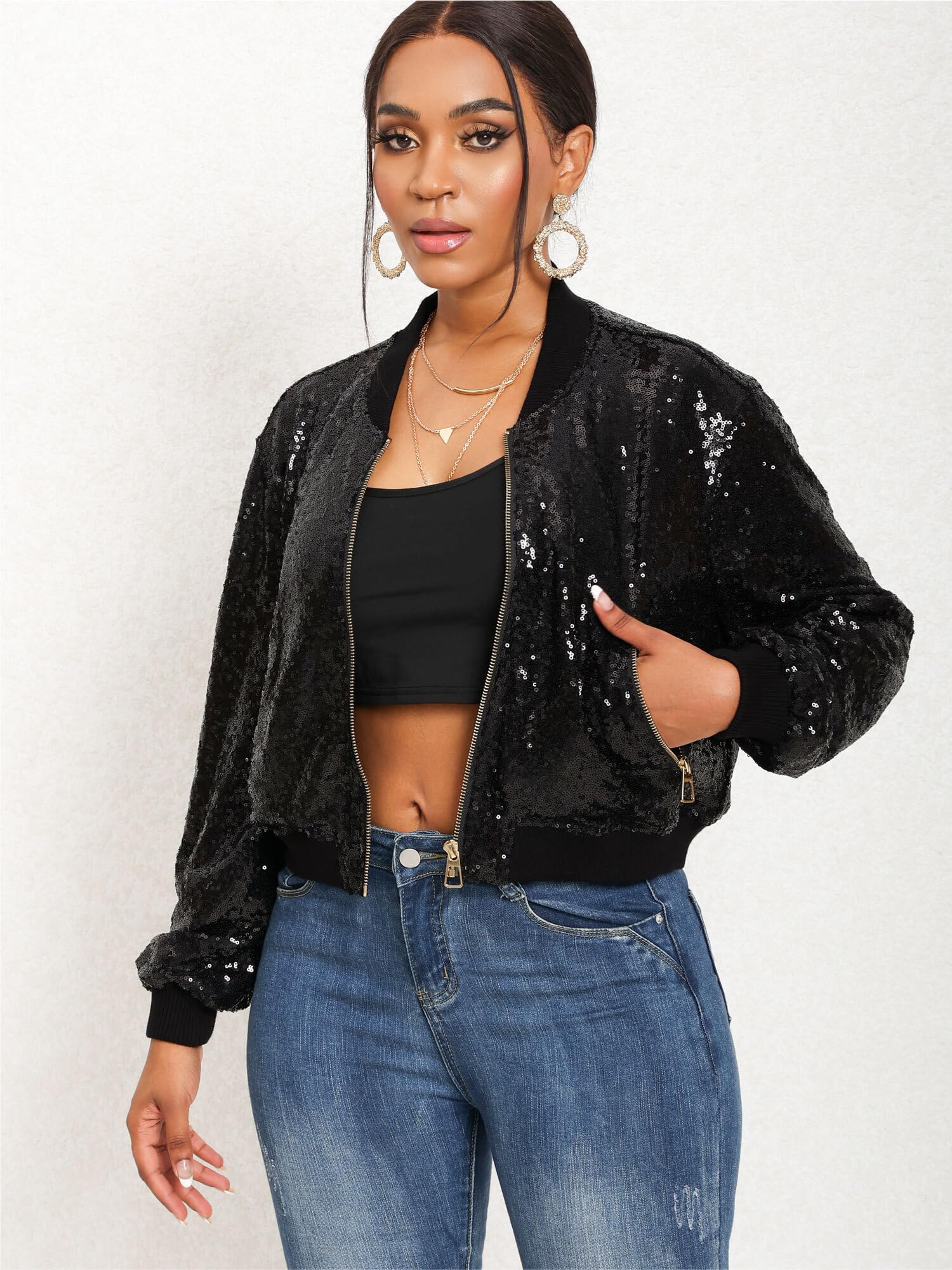 Sparkly Women's Sequin Bomber Jacket with Front Zip & Ribbed Cuffs | Long Sleeve Party Blazer for Night Out, Clubwear & Special Occasions