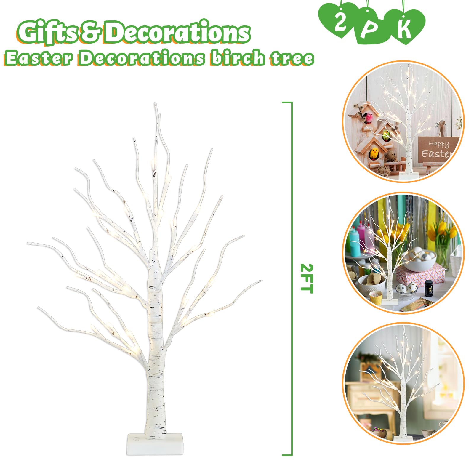 PEIDUO 2FT Birch Tree with LED Lights - Warm White Light Up Easter Tree Lamp for Home Decor, Battery Powered with Timer (2 Pack) - Perfect for Easter Table Centerpiece, Indoor Holiday Decorations & Cozy Ambiance