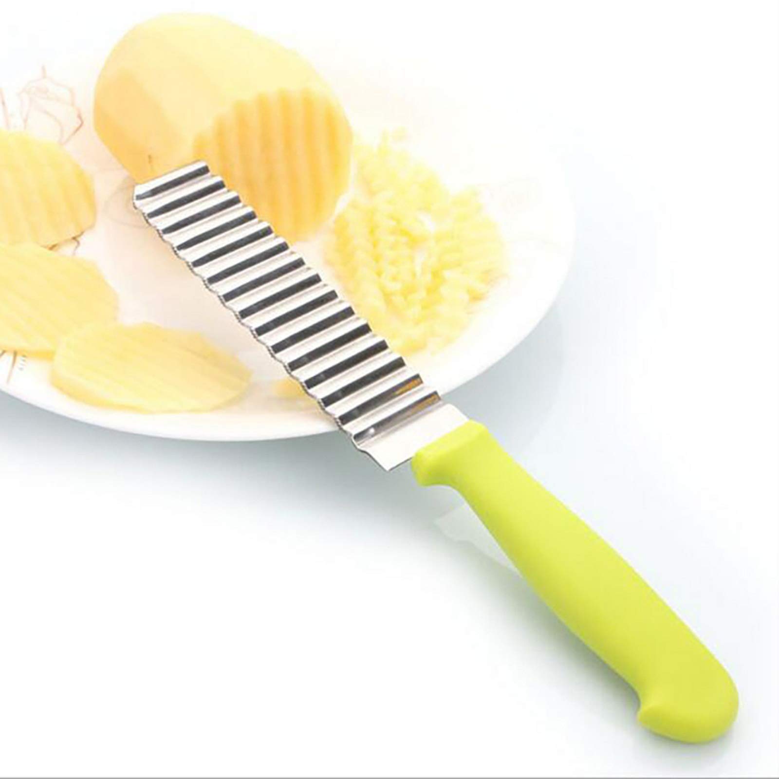 Stainless Steel Potato Chopper & French Fry Slicer - Wave Blade Crinkle Cutter for Potatoes, Cucumbers, Carrots - Non-Slip Handle - Perfect for Meal Prep, Snacks & Party Food (Green)